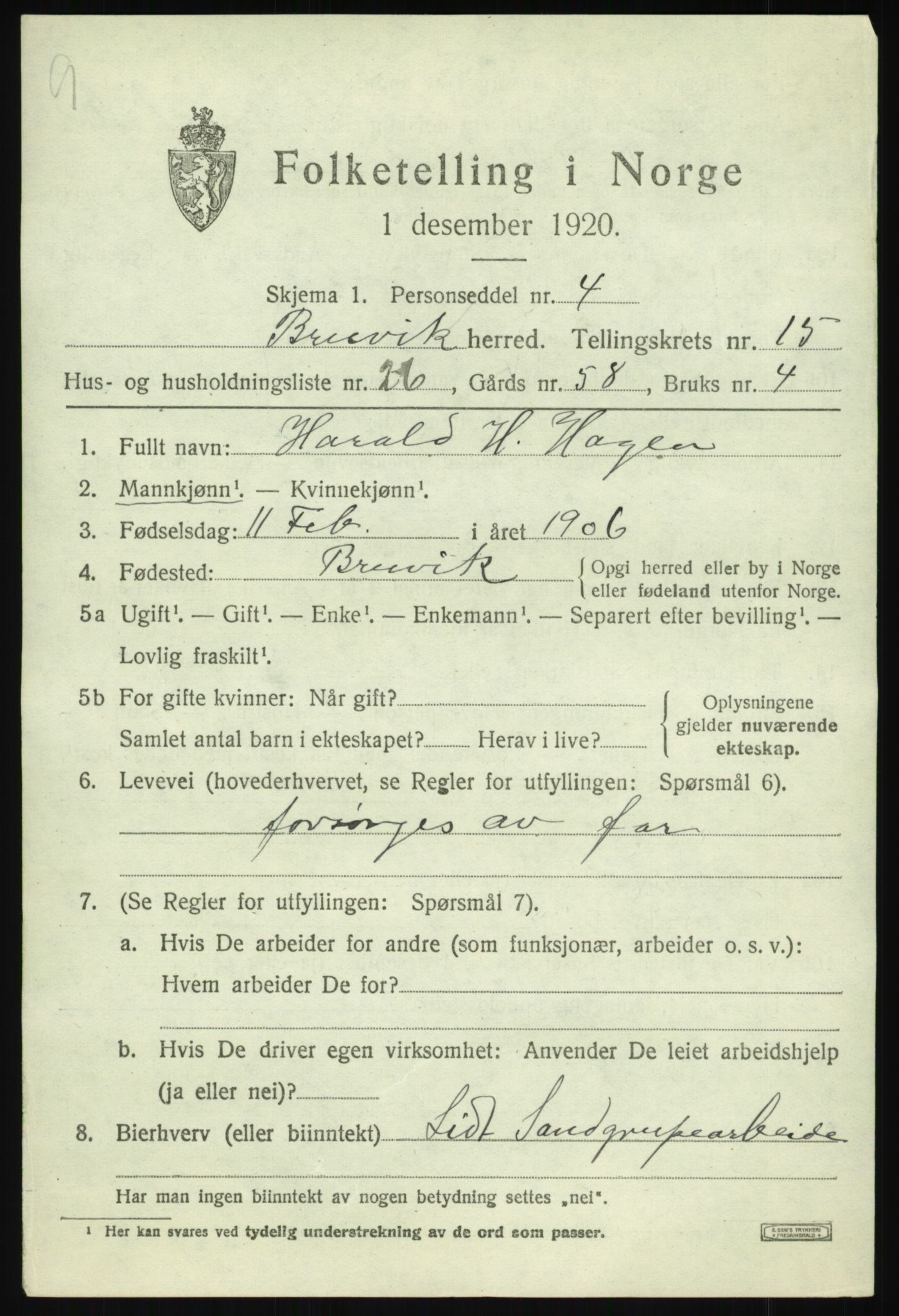 SAB, 1920 census for Bruvik, 1920, p. 9532