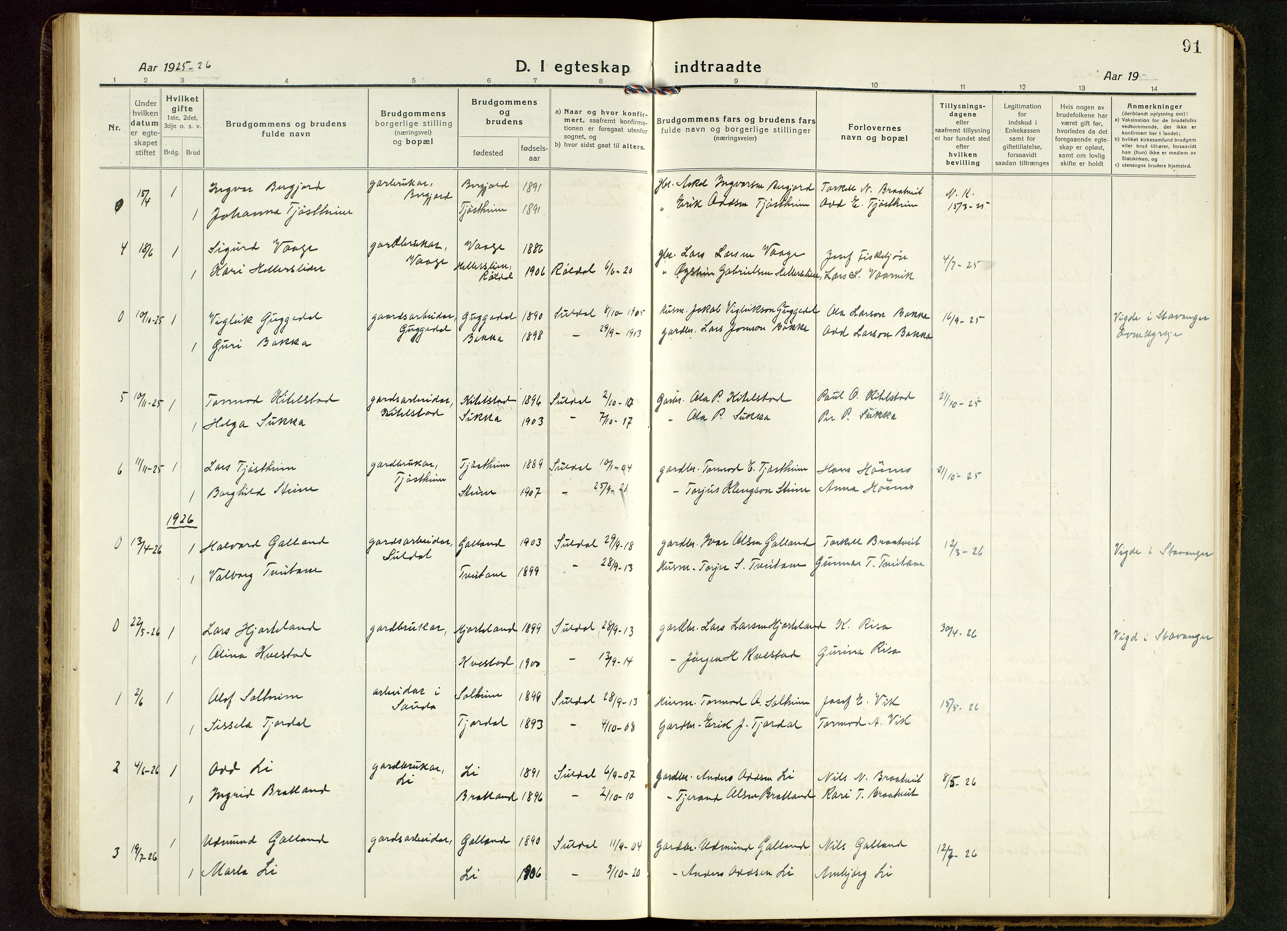 Suldal sokneprestkontor, AV/SAST-A-101845/01/V/L0007: Parish register (copy) no. B 7, 1917-1946, p. 91