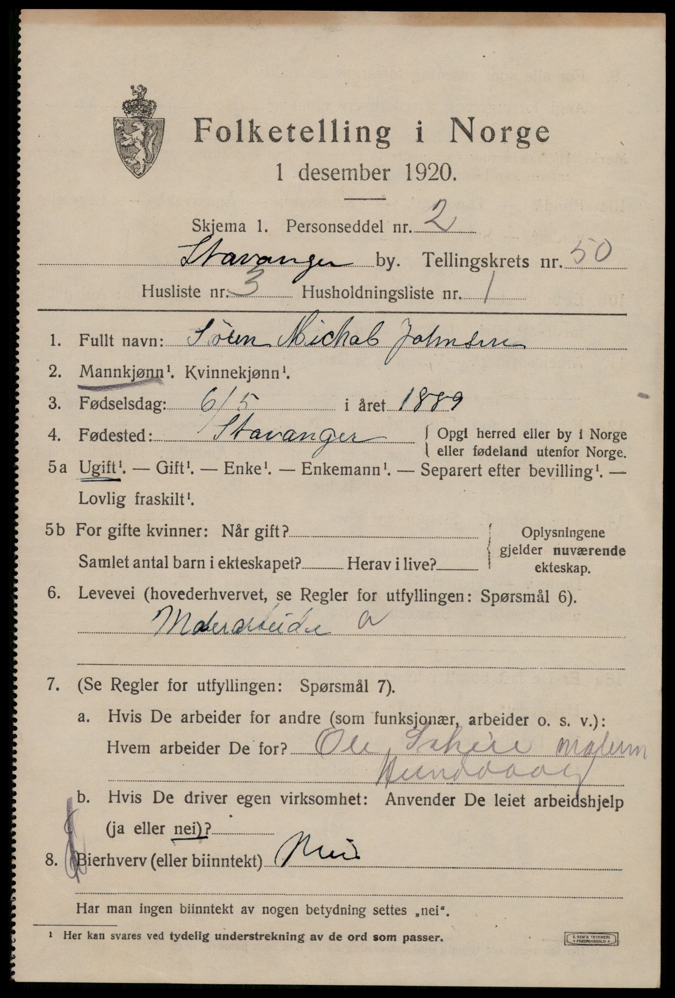 SAST, 1920 census for Stavanger, 1920, p. 119894