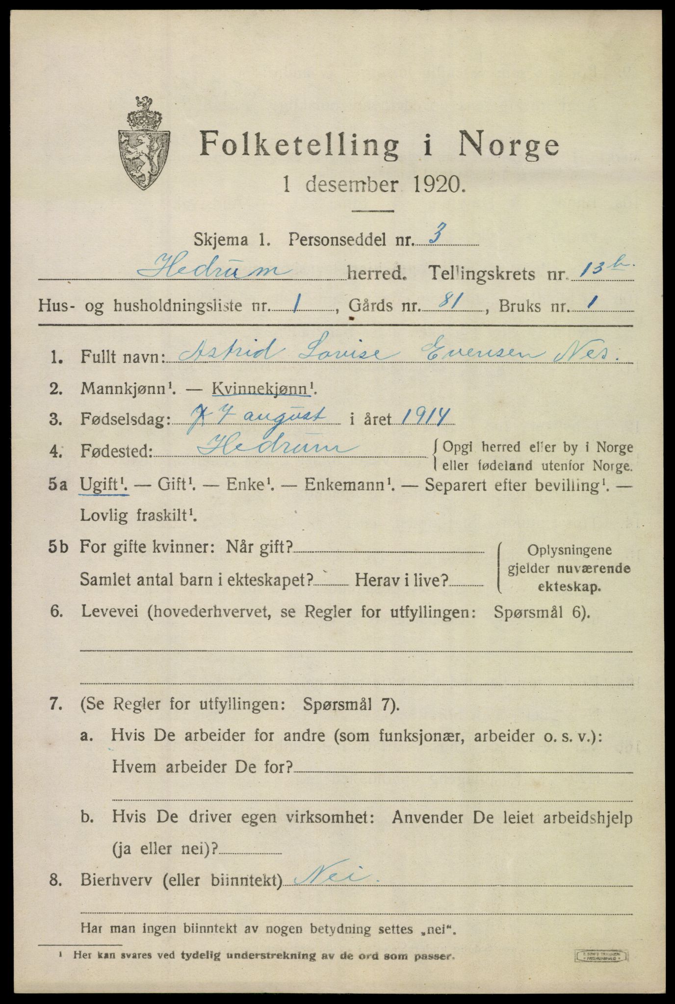 SAKO, 1920 census for Hedrum, 1920, p. 8815