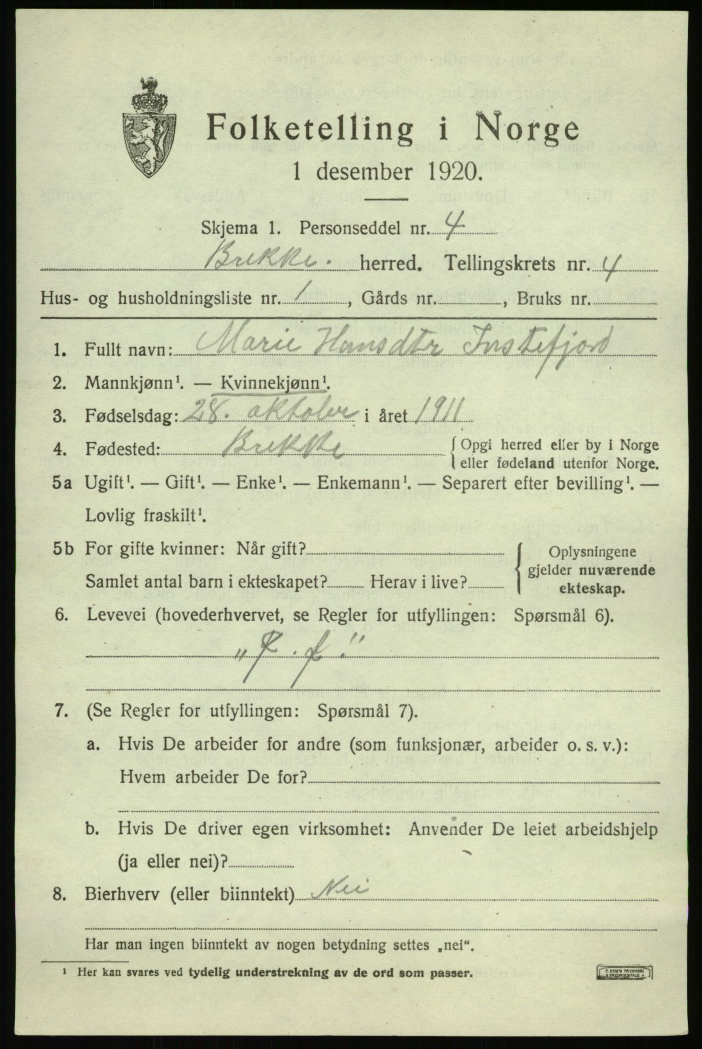 SAB, 1920 census for Brekke, 1920, p. 916