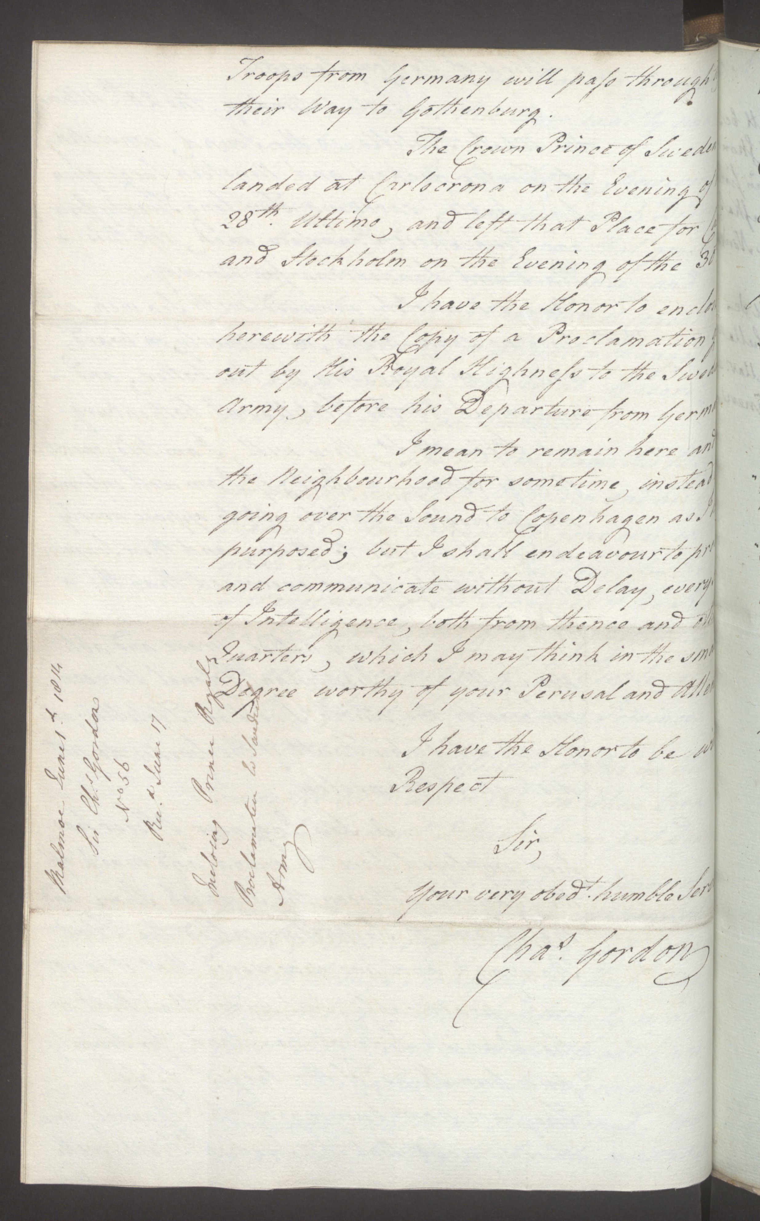Foreign Office*, UKA/-/FO 38/16: Sir C. Gordon. Reports from Malmö, Jonkoping, and Helsingborg, 1814, p. 60