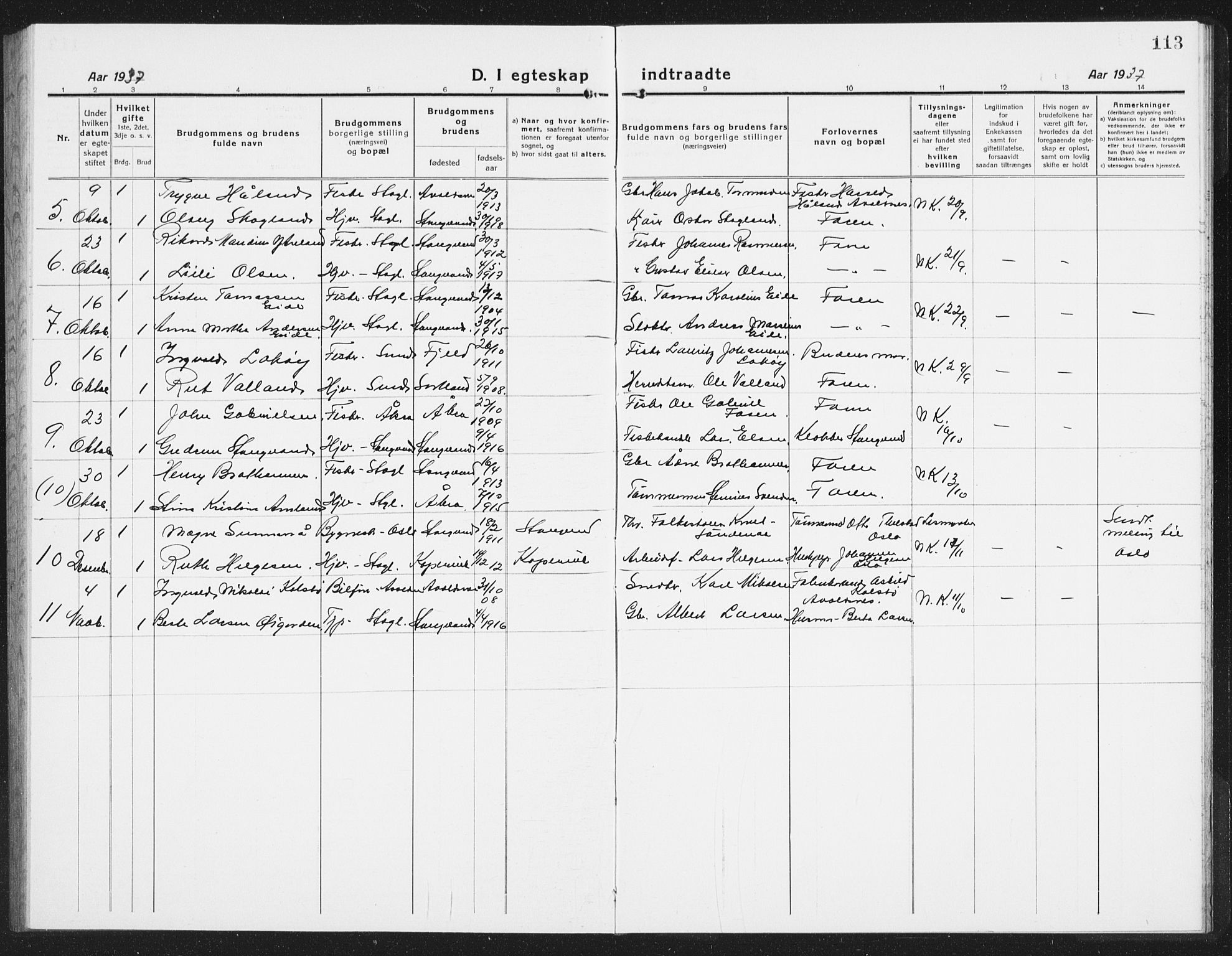 Kopervik sokneprestkontor, AV/SAST-A-101850/H/Ha/Hab/L0007: Parish register (copy) no. B 7, 1918-1942, p. 113