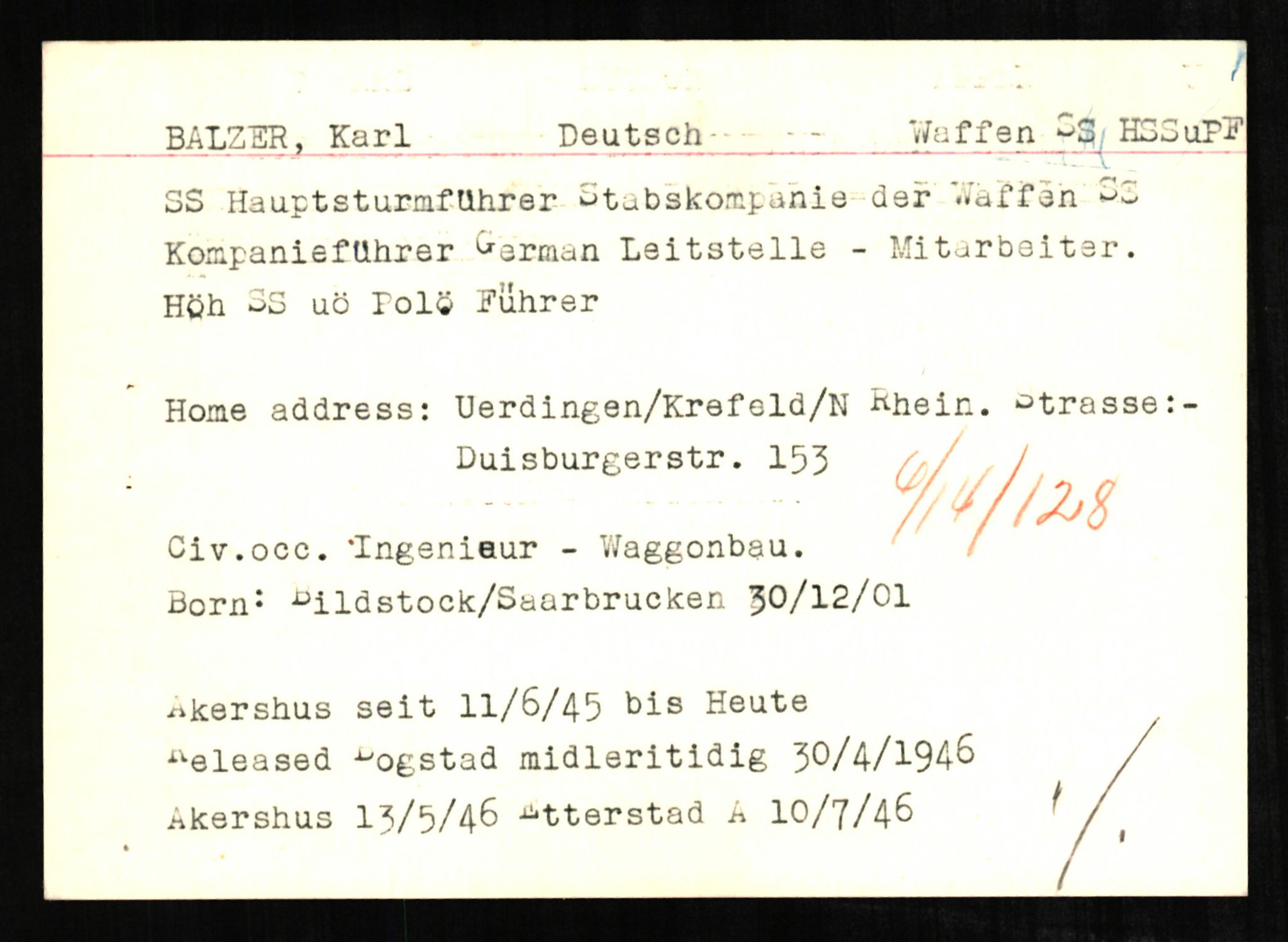 Forsvaret, Forsvarets overkommando II, AV/RA-RAFA-3915/D/Db/L0002: CI Questionaires. Tyske okkupasjonsstyrker i Norge. Tyskere., 1945-1946, p. 31