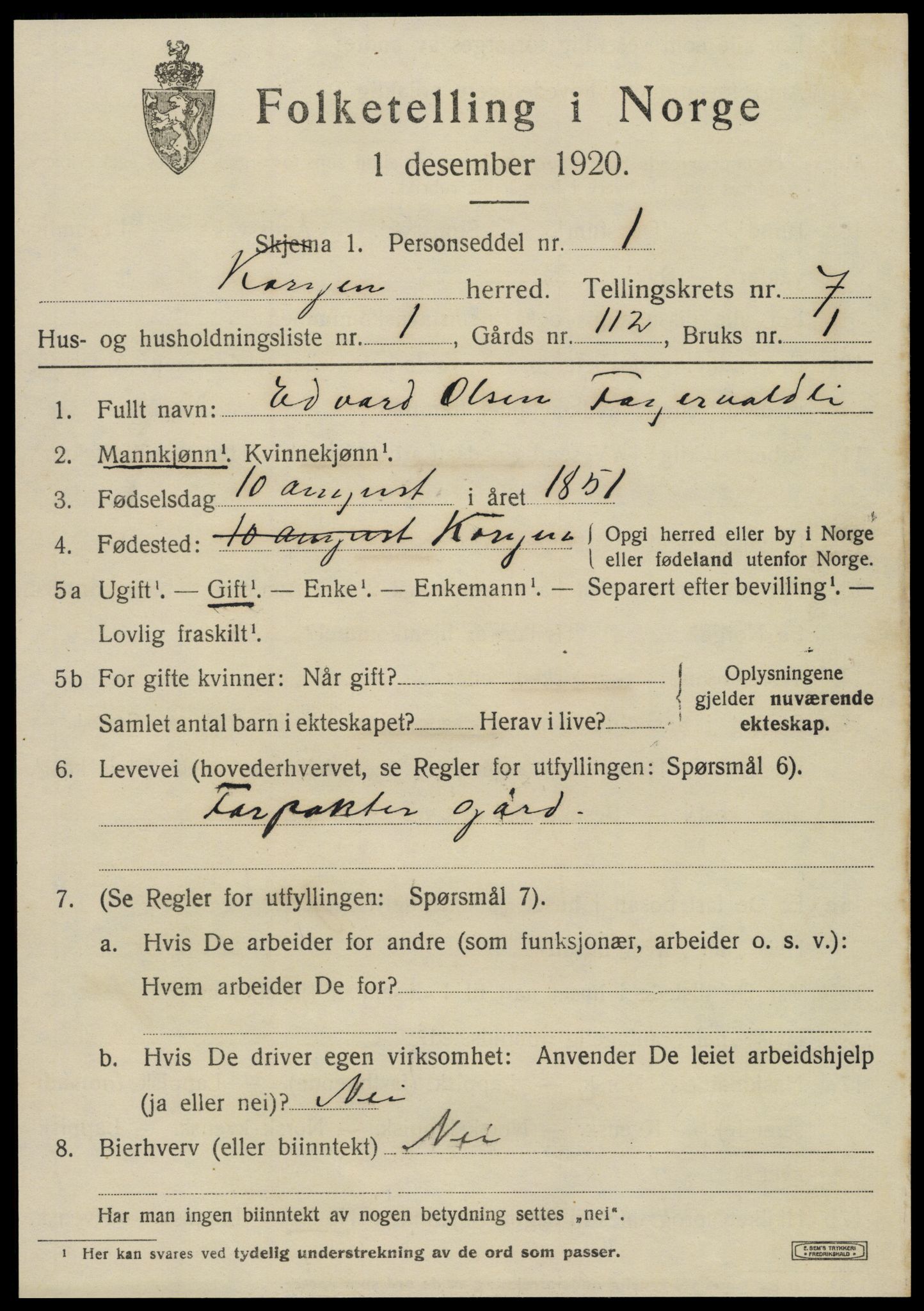 SAT, 1920 census for Korgen, 1920, p. 2782