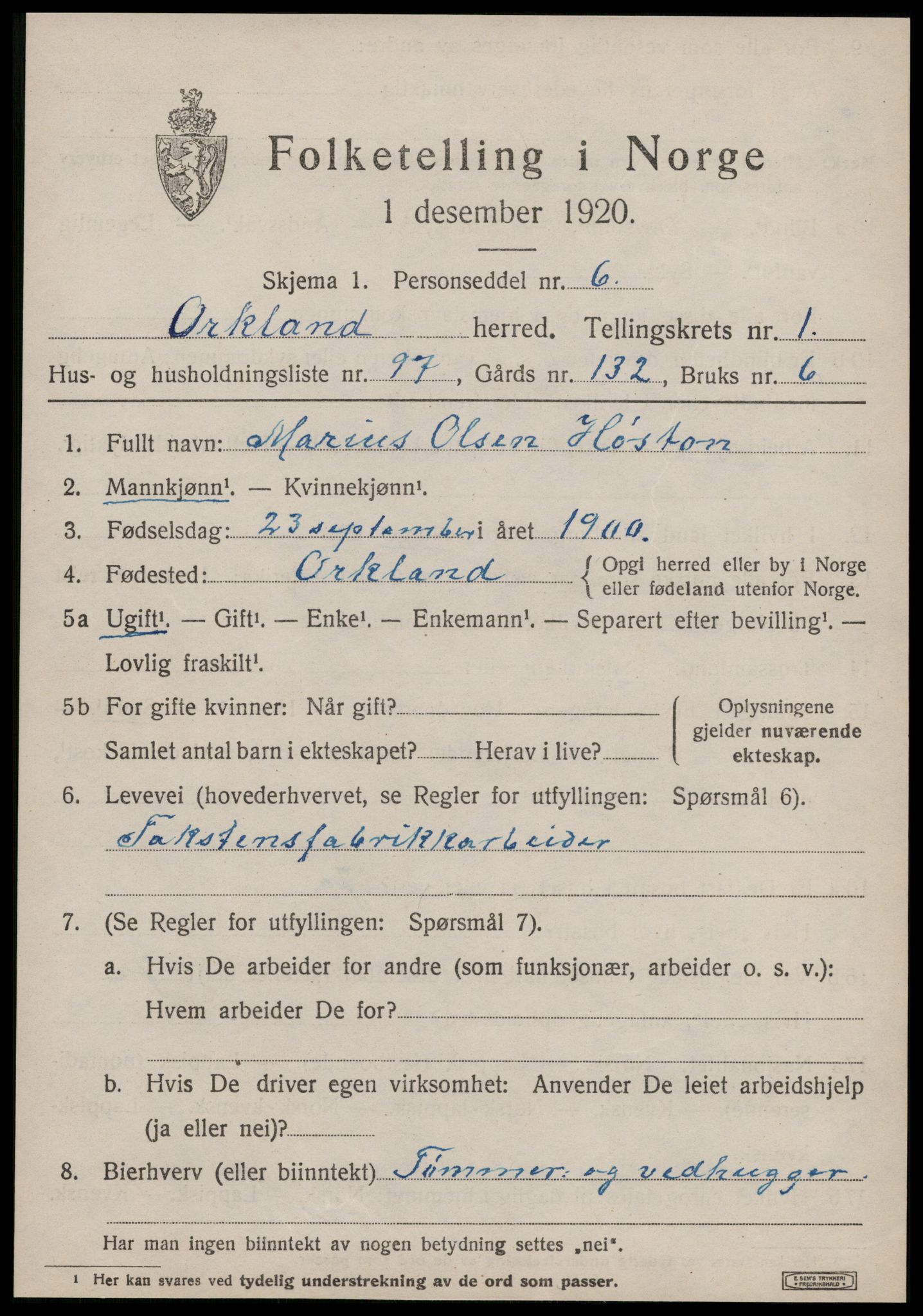 SAT, 1920 census for Orkland, 1920, p. 1664