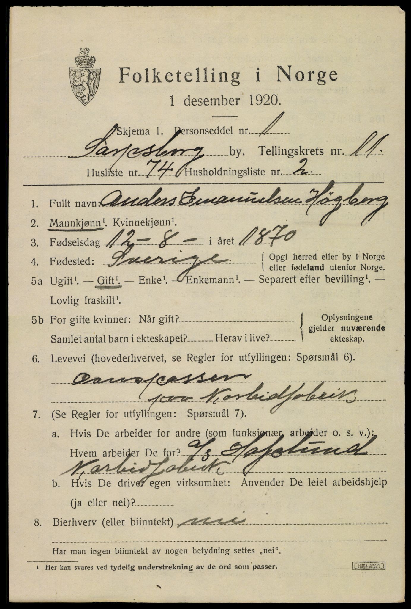 SAO, 1920 census for Sarpsborg, 1920, p. 24378