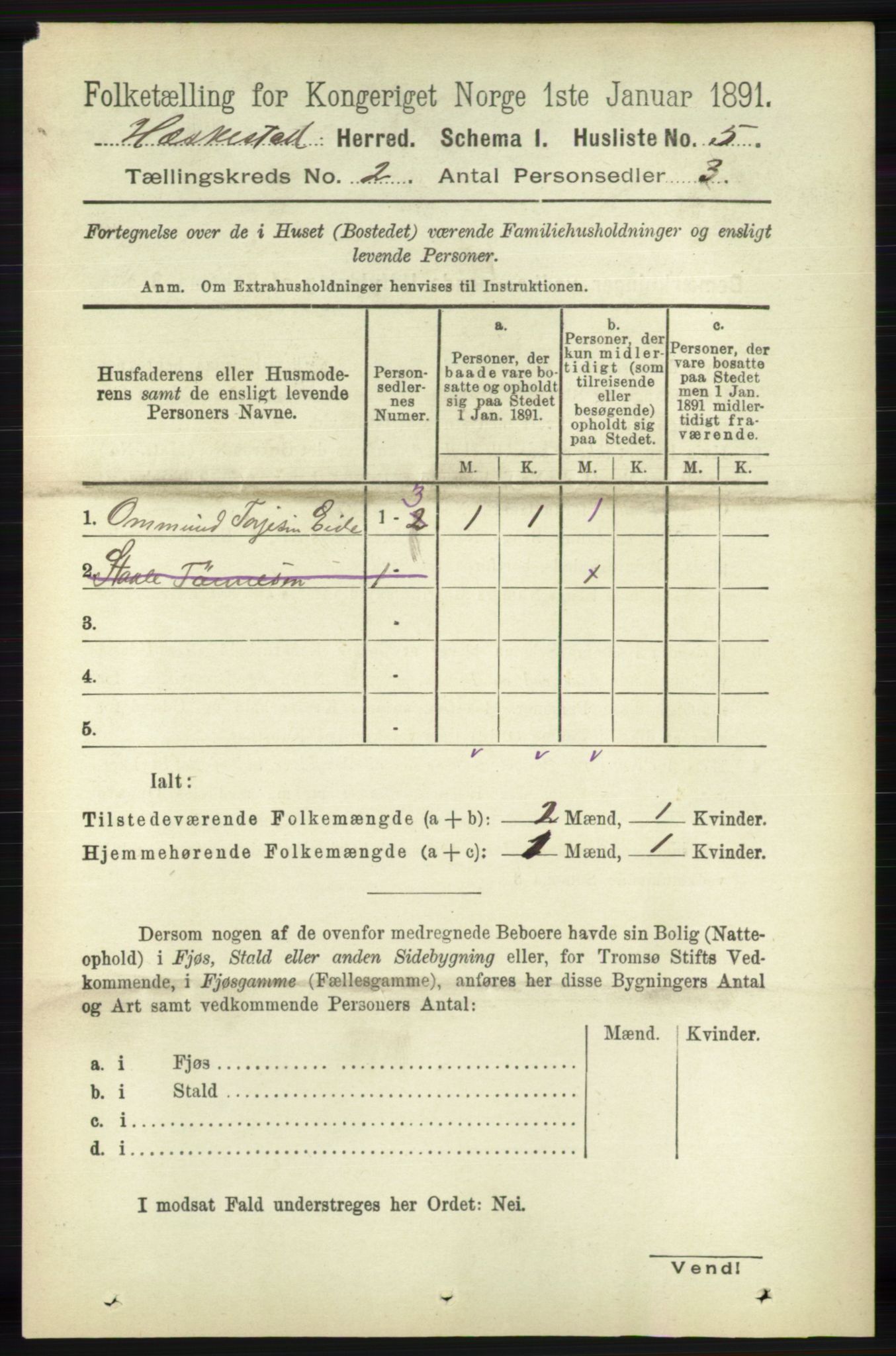 RA, 1891 census for 1113 Heskestad, 1891, p. 250