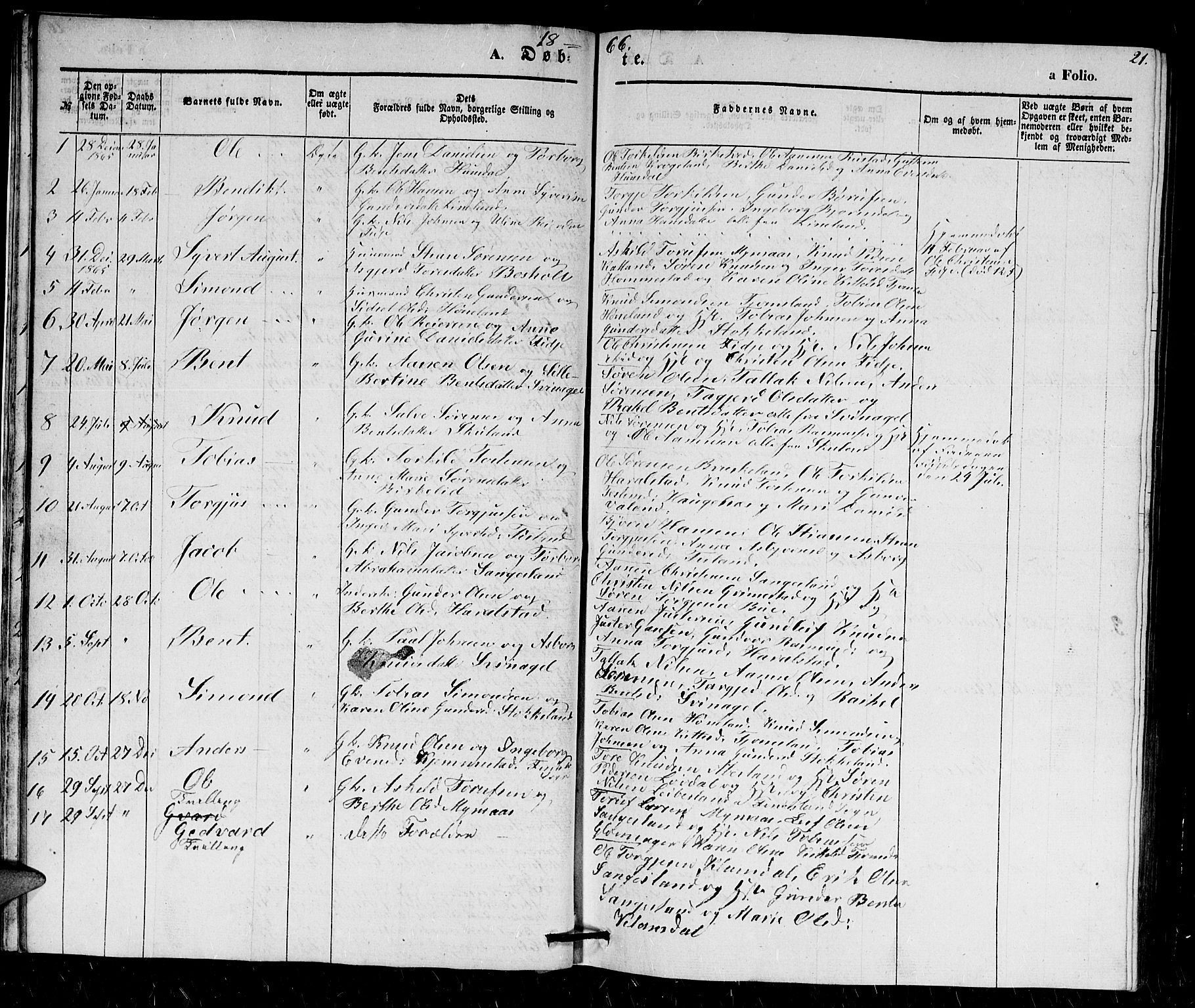 Holum sokneprestkontor, SAK/1111-0022/F/Fb/Fbb/L0002: Parish register (copy) no. B 2, 1847-1874, p. 21