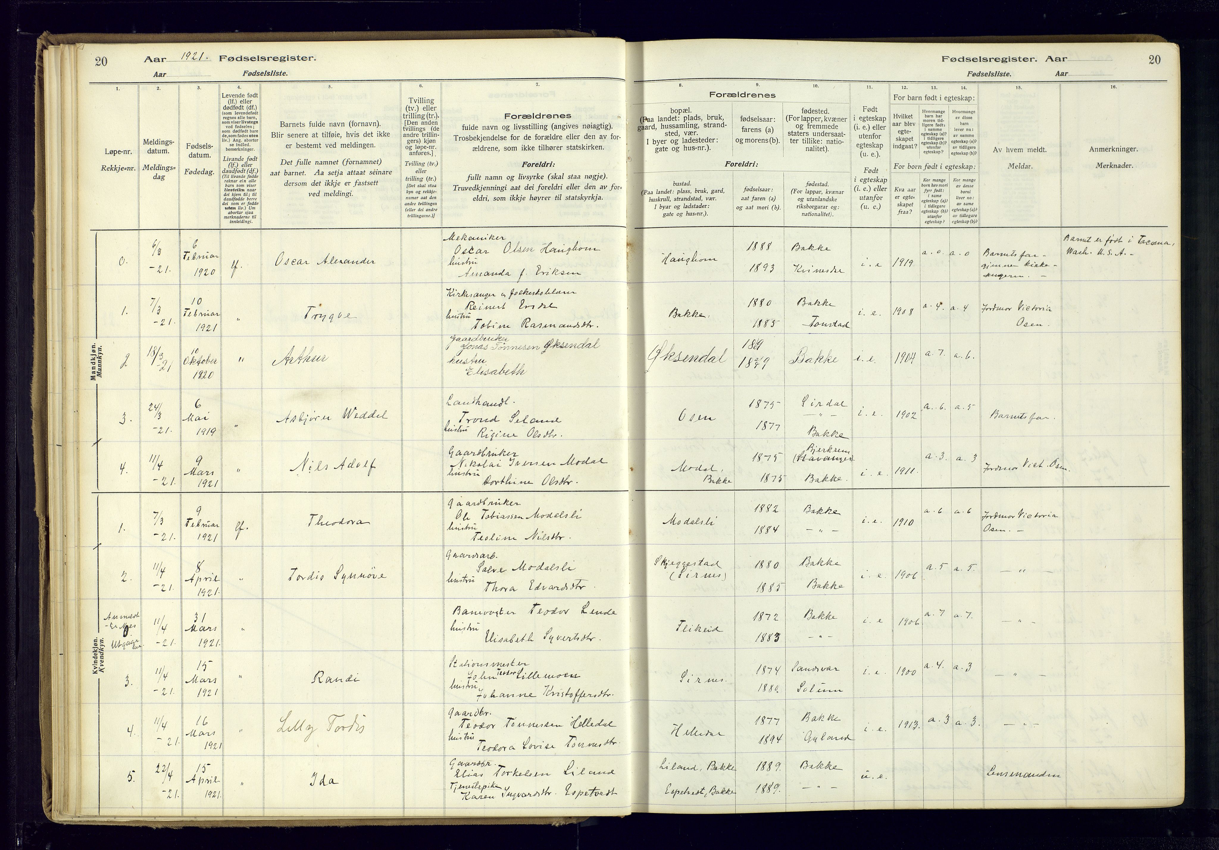 Bakke sokneprestkontor, SAK/1111-0002/J/Ja/L0001: Birth register no. A-VI-18, 1916-1982, p. 20