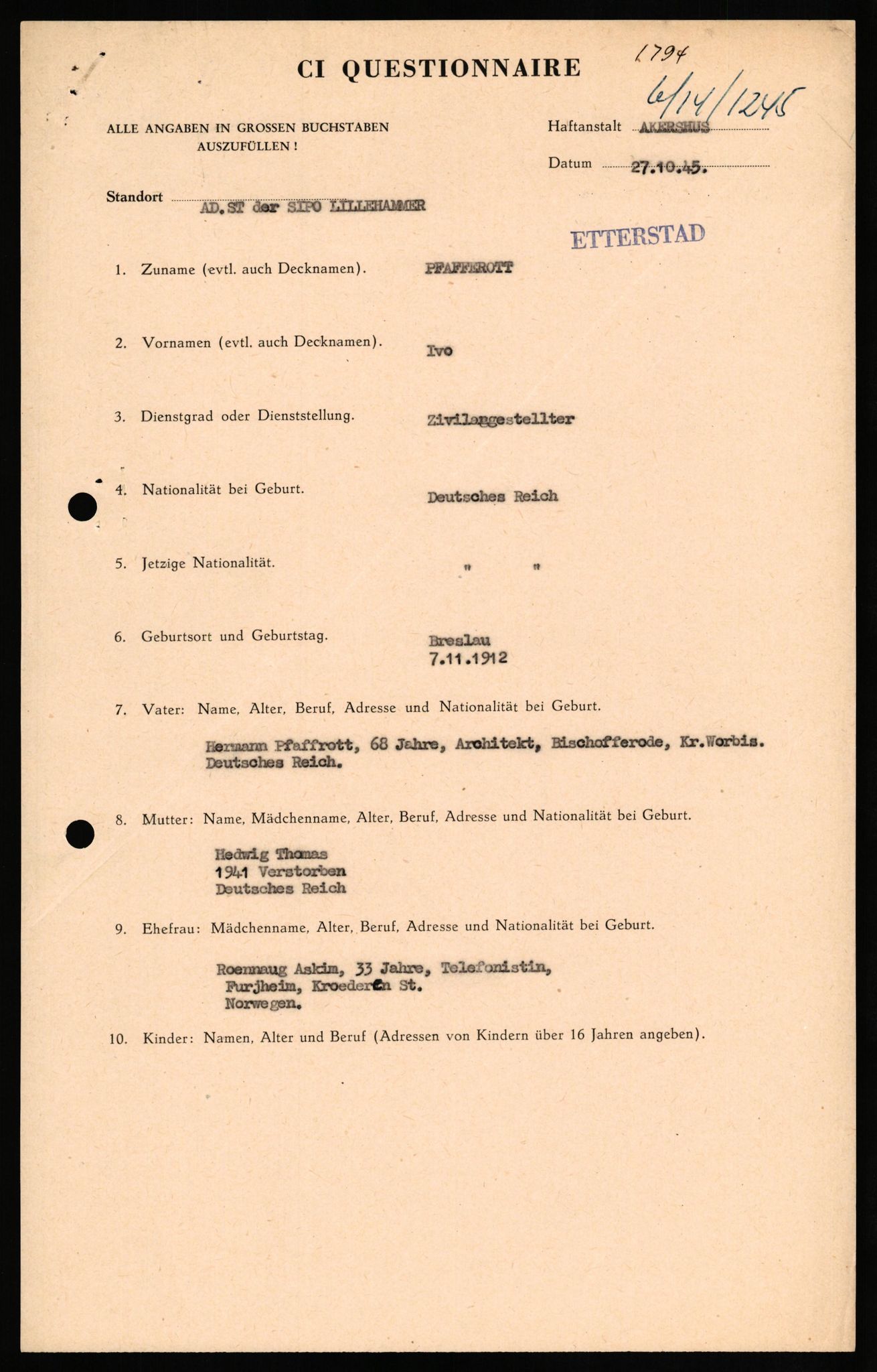 Forsvaret, Forsvarets overkommando II, AV/RA-RAFA-3915/D/Db/L0026: CI Questionaires. Tyske okkupasjonsstyrker i Norge. Tyskere., 1945-1946, p. 57