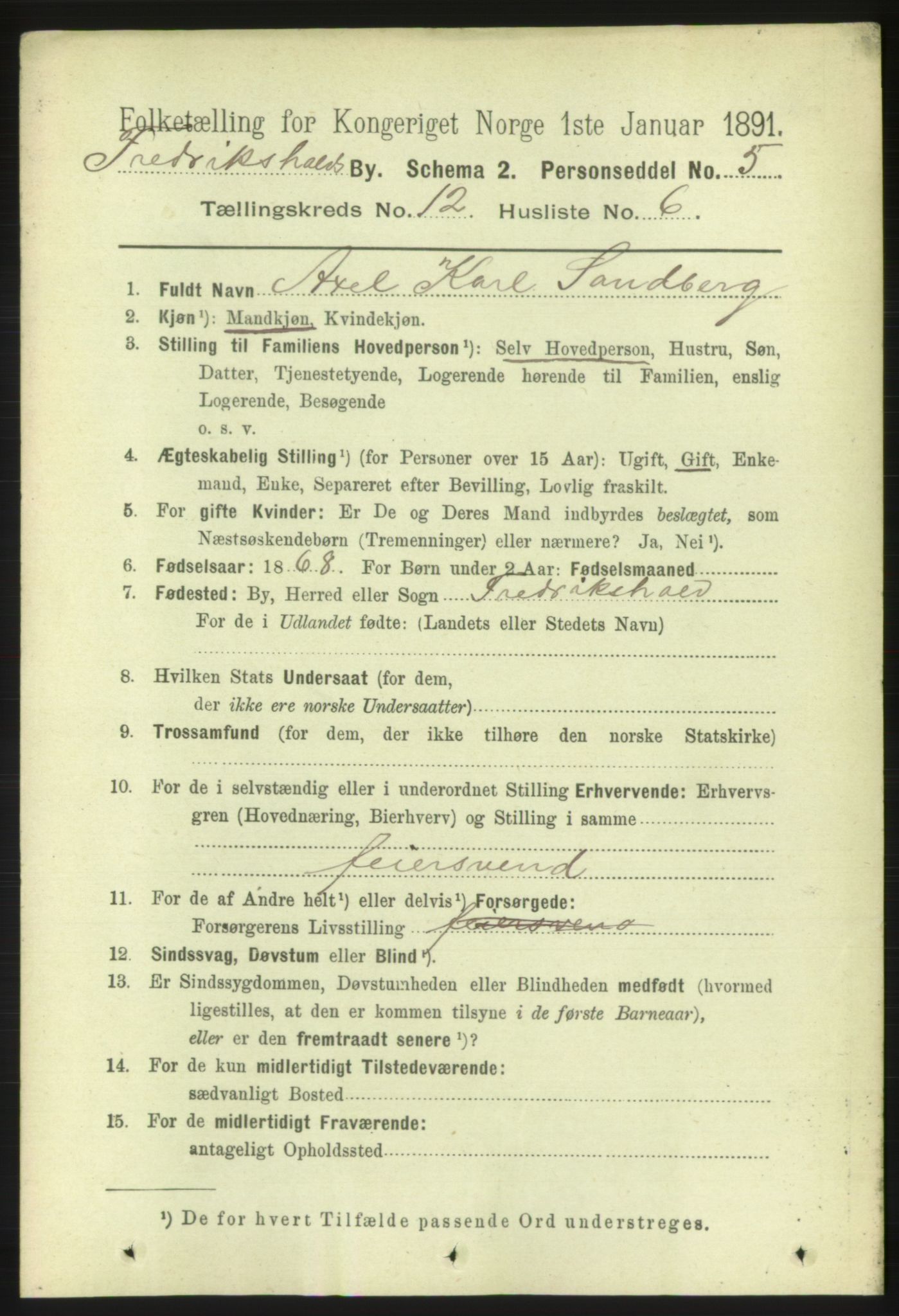 RA, 1891 census for 0101 Fredrikshald, 1891, p. 8396