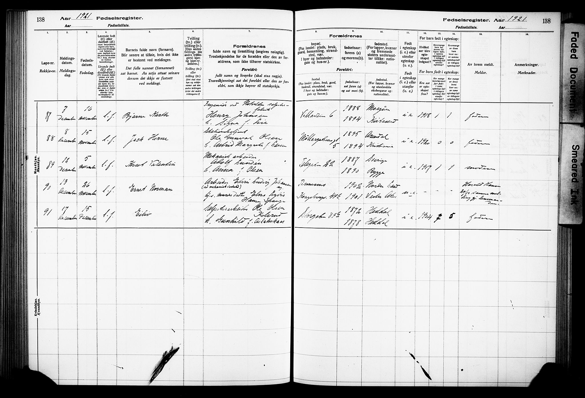 Notodden kirkebøker, AV/SAKO-A-290/J/Ja/L0001: Birth register no. 1, 1916-1924, p. 138