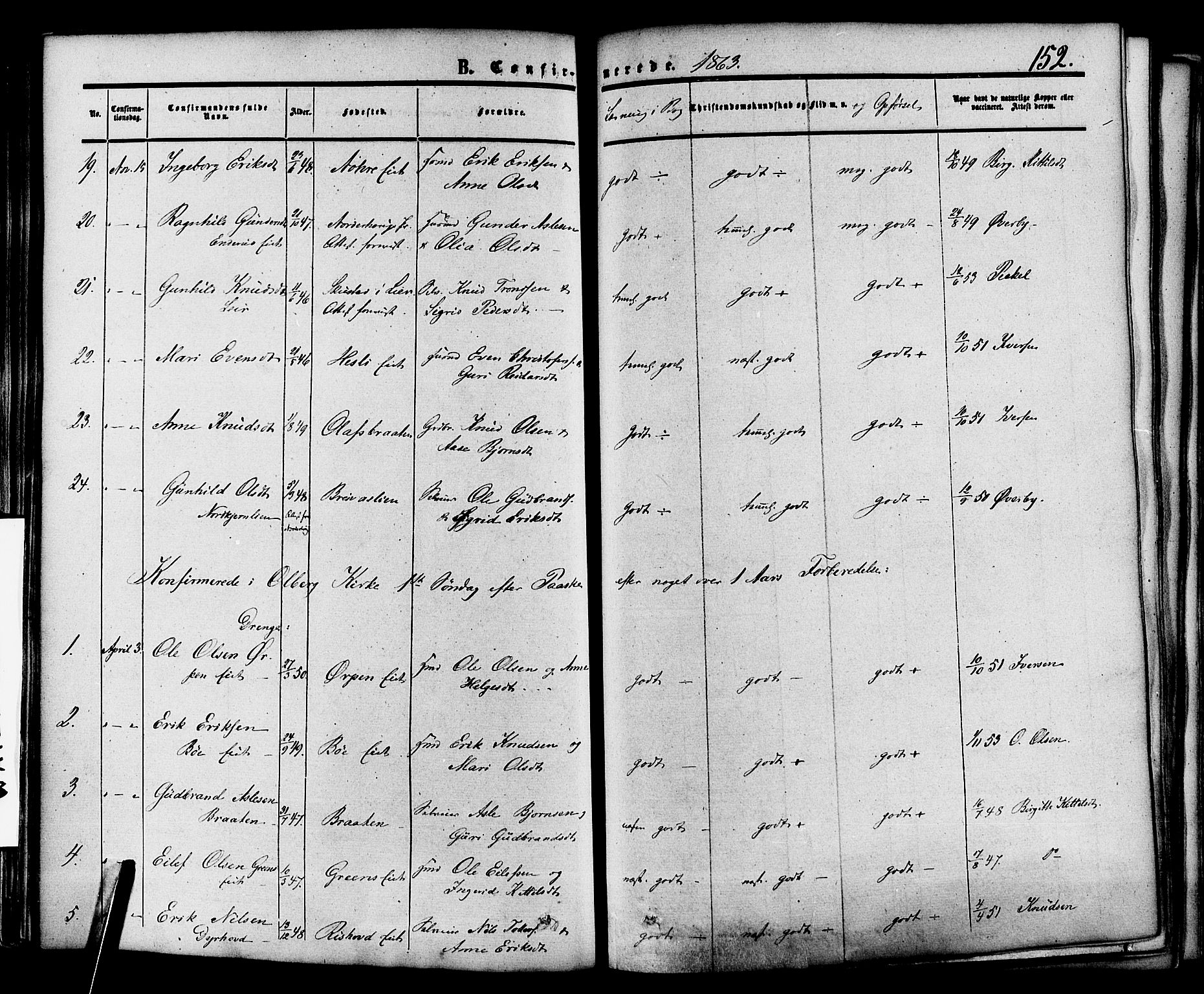 Krødsherad kirkebøker, AV/SAKO-A-19/F/Fa/L0003: Parish register (official) no. 3, 1851-1872, p. 152