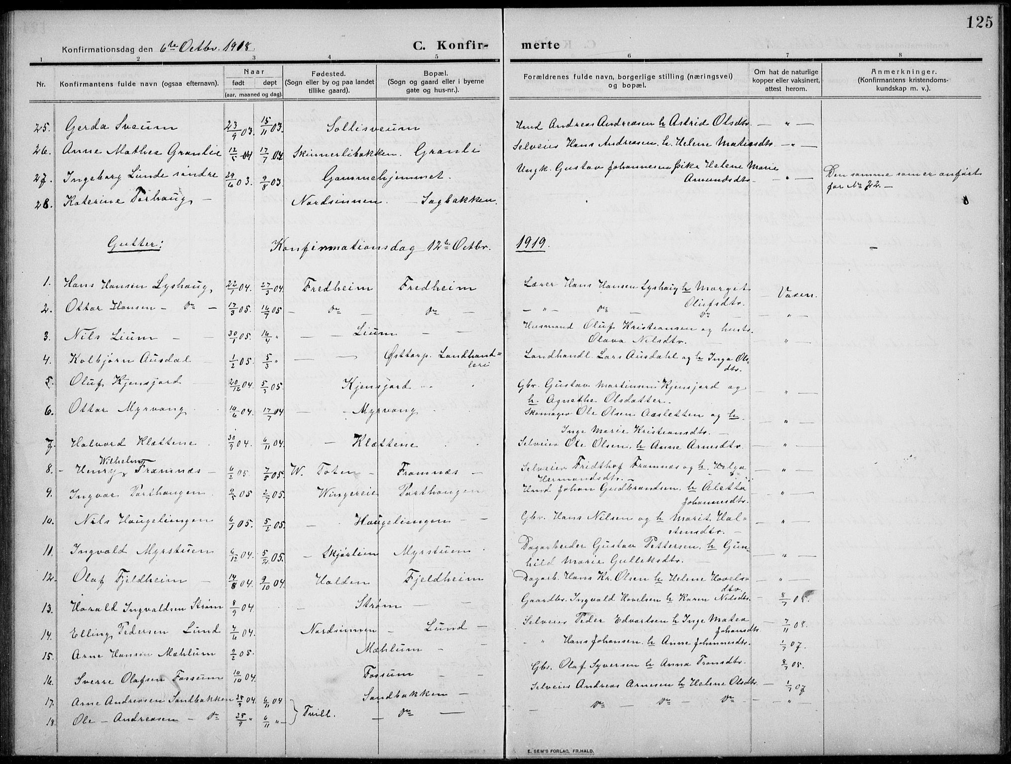 Nordre Land prestekontor, SAH/PREST-124/H/Ha/Hab/L0002: Parish register (copy) no. 2, 1909-1934, p. 125