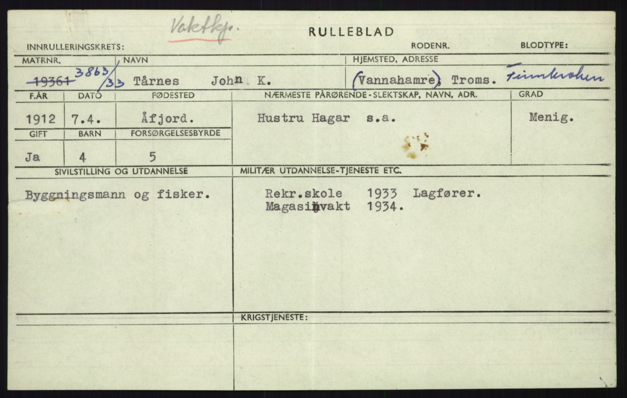 Forsvaret, Troms infanteriregiment nr. 16, AV/RA-RAFA-3146/P/Pa/L0017: Rulleblad for regimentets menige mannskaper, årsklasse 1933, 1933, p. 1319