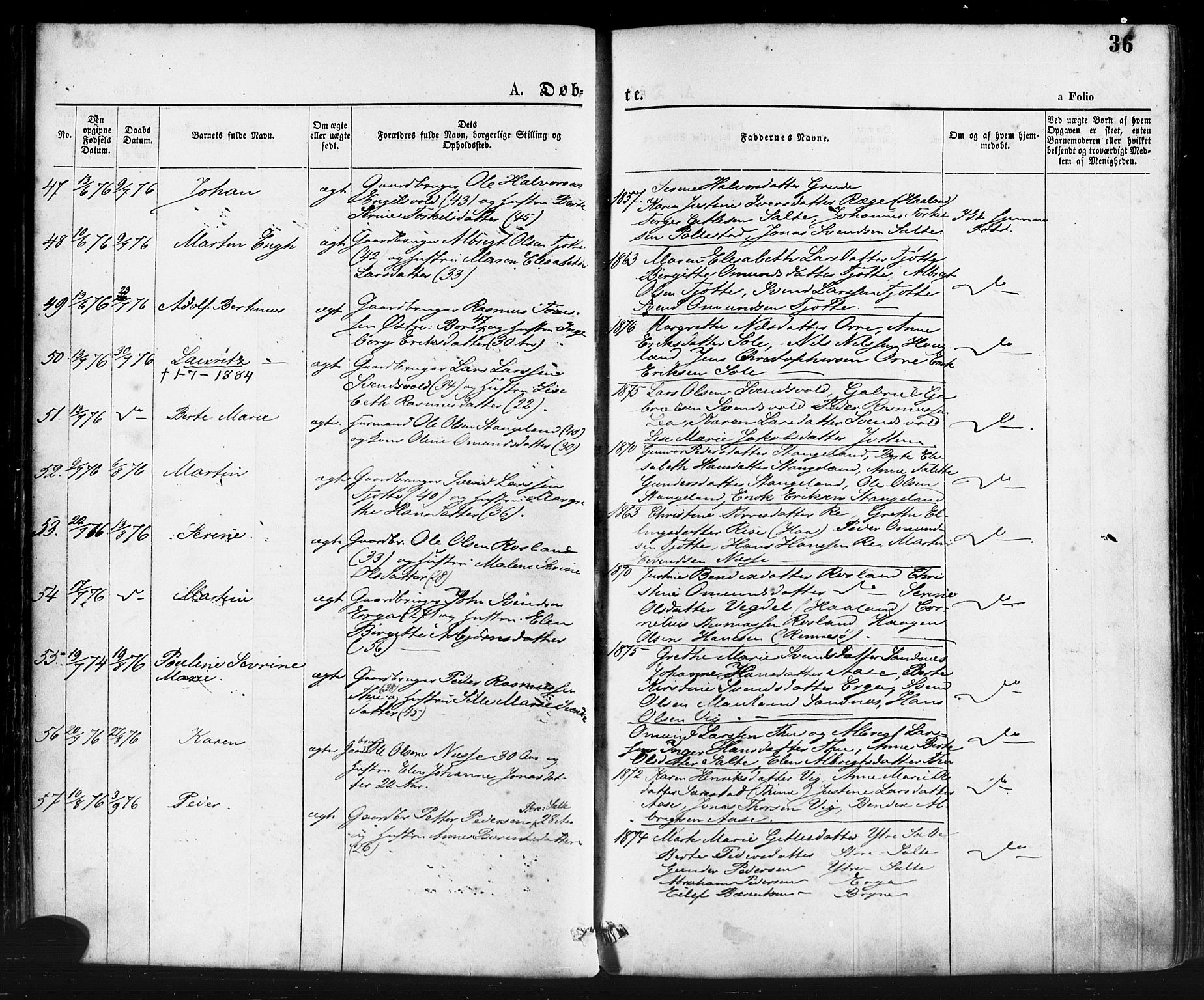 Klepp sokneprestkontor, AV/SAST-A-101803/001/3/30BA/L0006: Parish register (official) no. A 6, 1871-1885, p. 36