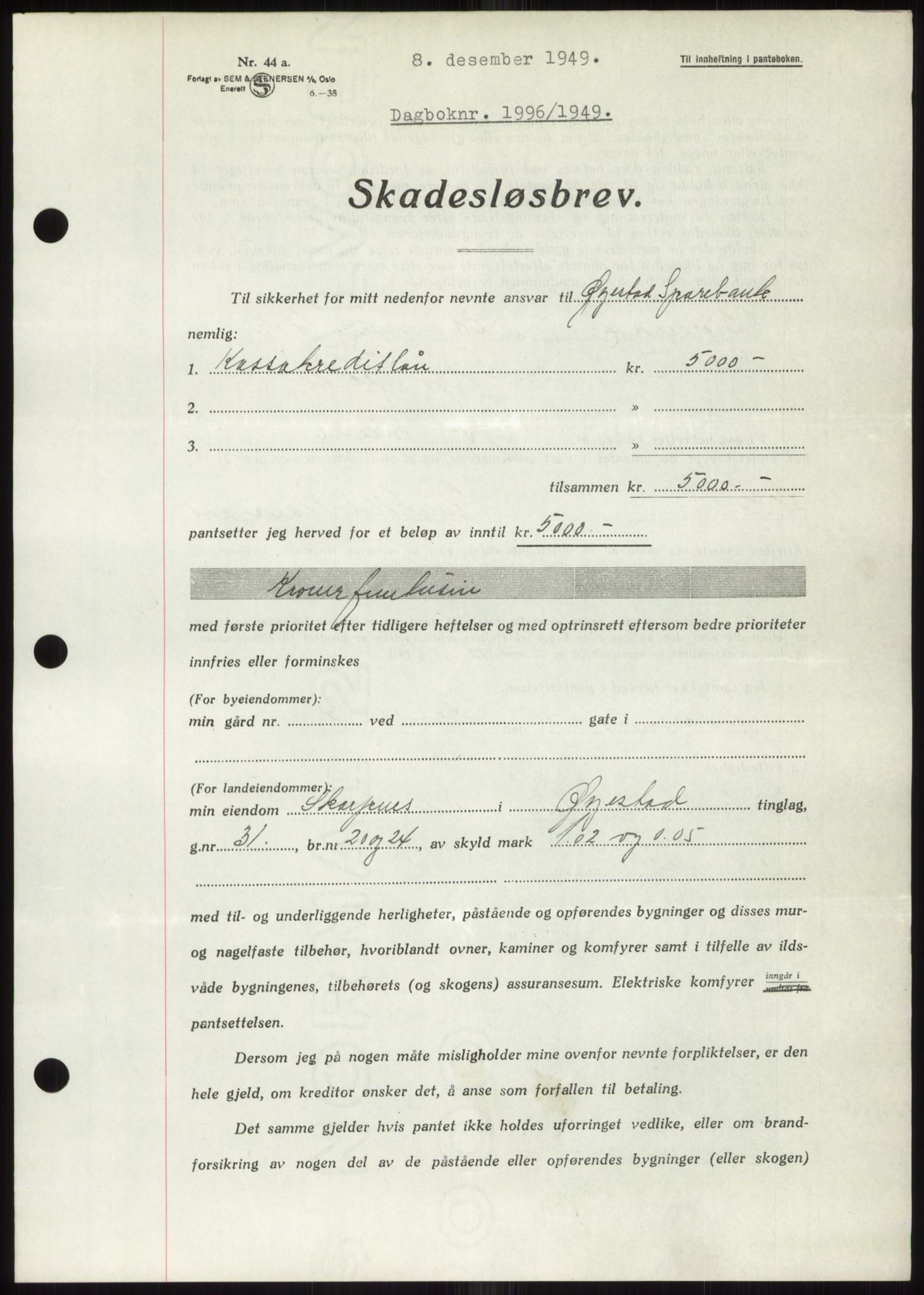 Nedenes sorenskriveri, AV/SAK-1221-0006/G/Gb/Gbb/L0007: Mortgage book no. B7, 1949-1950, Diary no: : 1996/1949