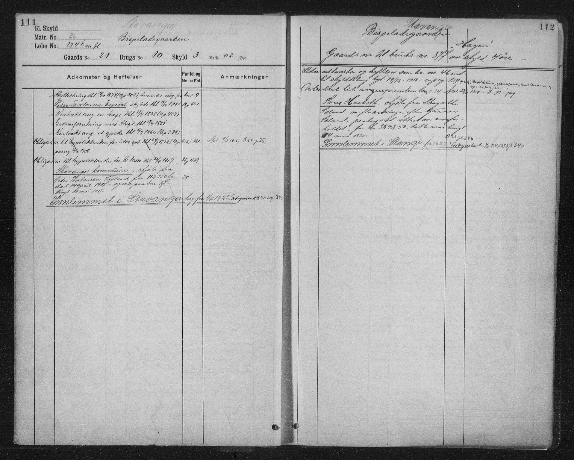 Jæren sorenskriveri, SAST/A-100310/01/4/41/41ABB/L0005: Mortgage register no. 41 ABB5, 1911, p. 111-112
