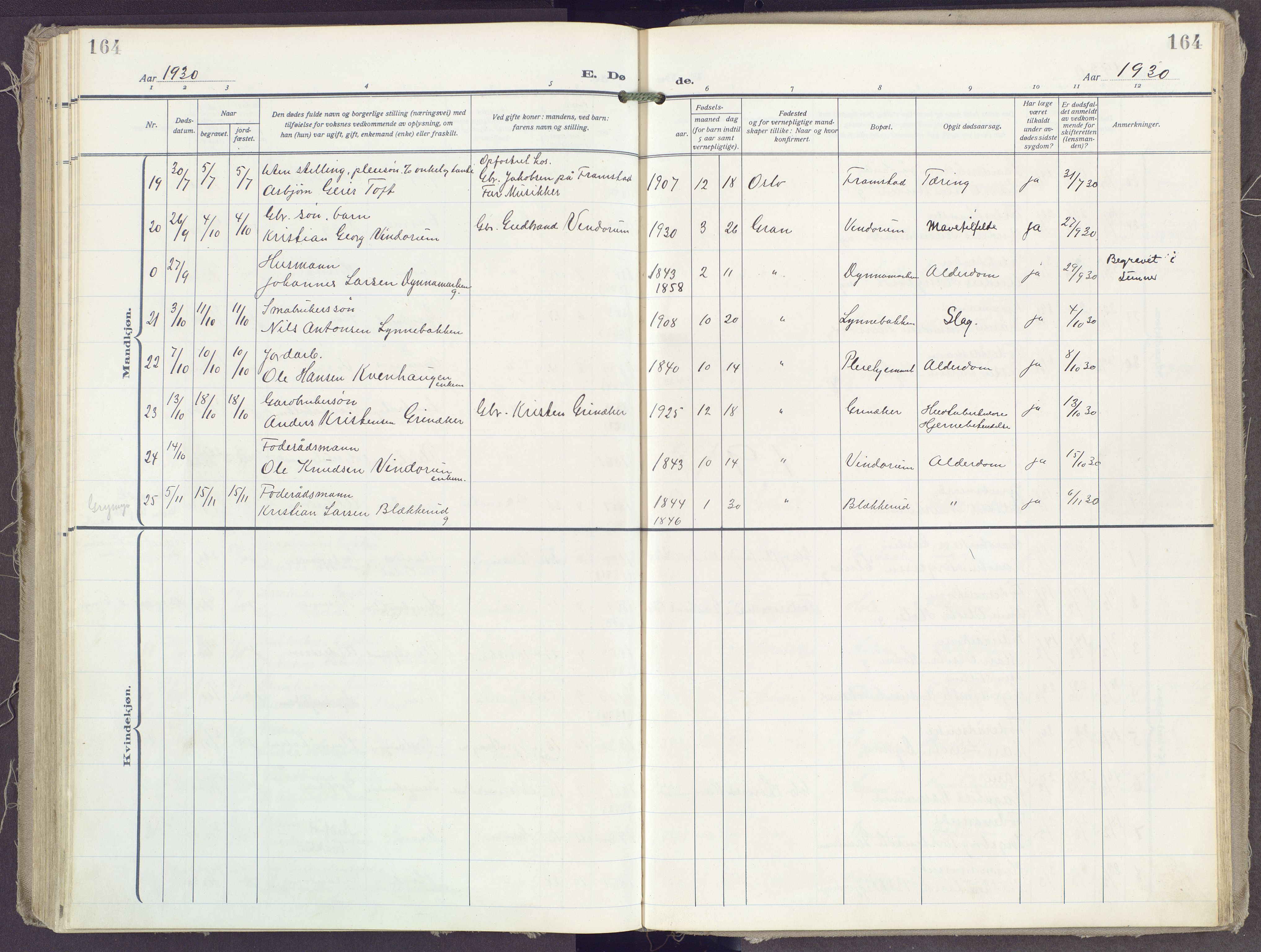 Gran prestekontor, SAH/PREST-112/H/Ha/Haa/L0023: Parish register (official) no. 23, 1919-1938, p. 164
