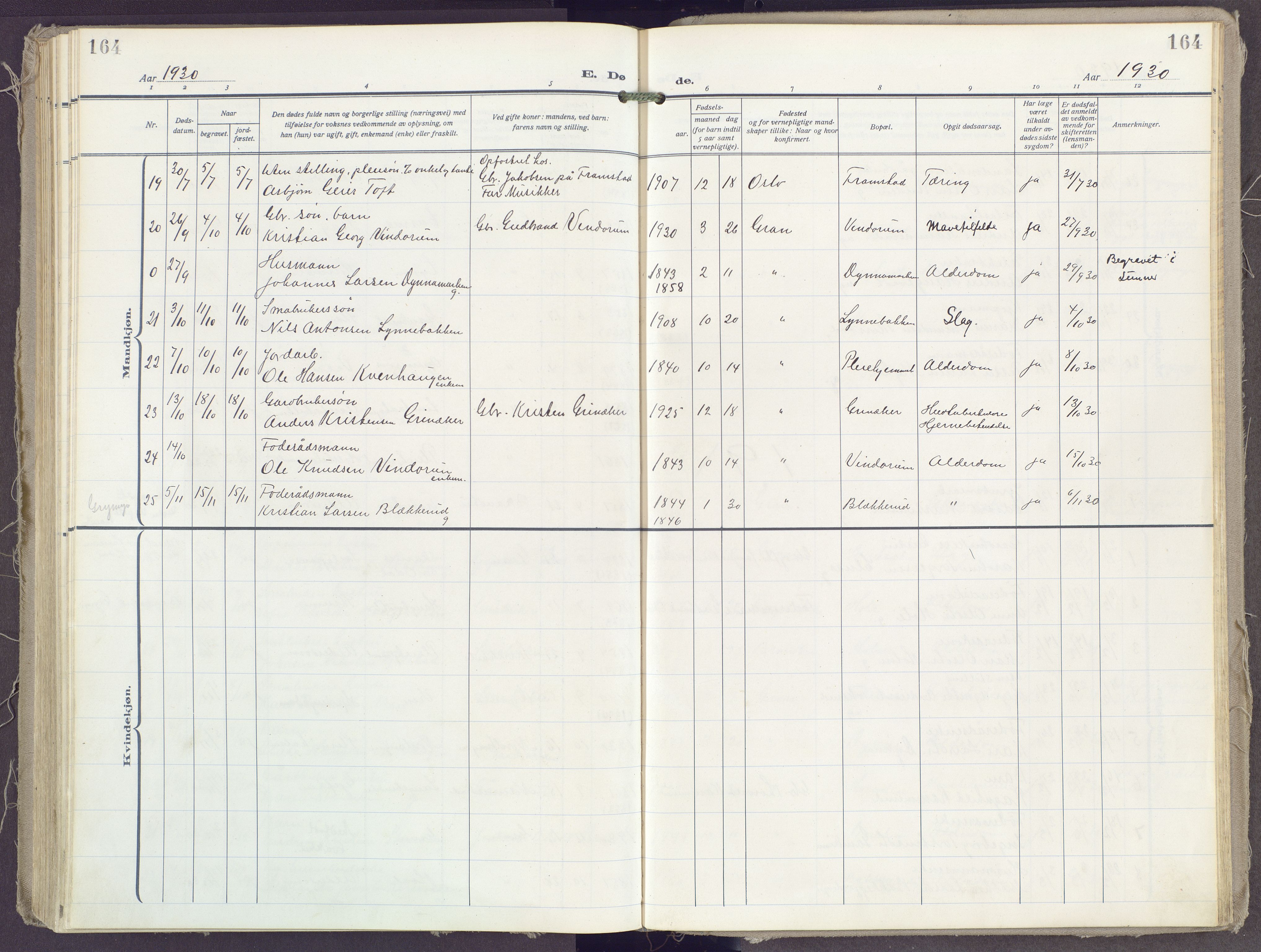 Gran prestekontor, AV/SAH-PREST-112/H/Ha/Haa/L0023: Parish register (official) no. 23, 1919-1938, p. 164