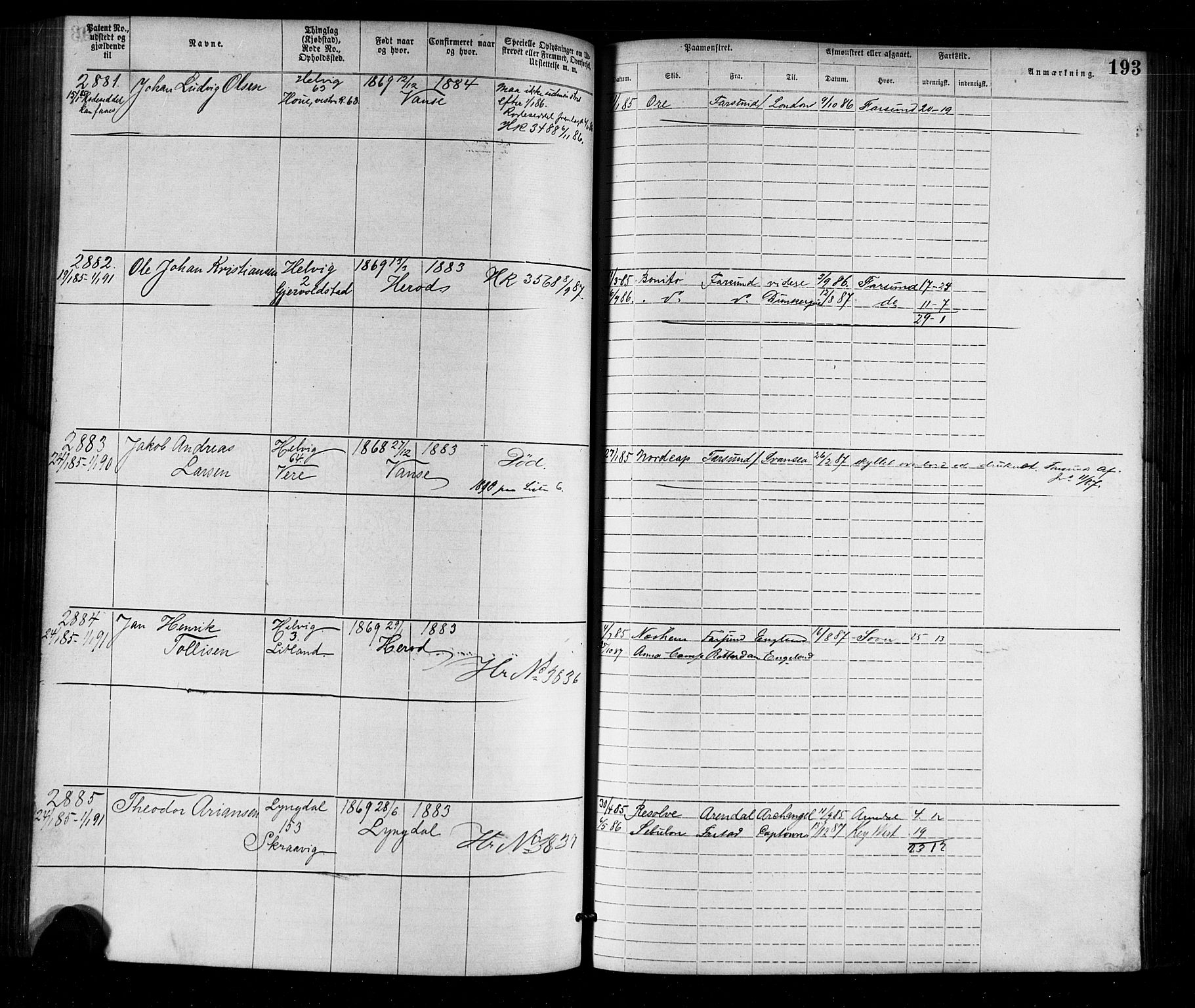 Farsund mønstringskrets, AV/SAK-2031-0017/F/Fa/L0002: Annotasjonsrulle nr 1921-3815 med register, M-2, 1877-1894, p. 223