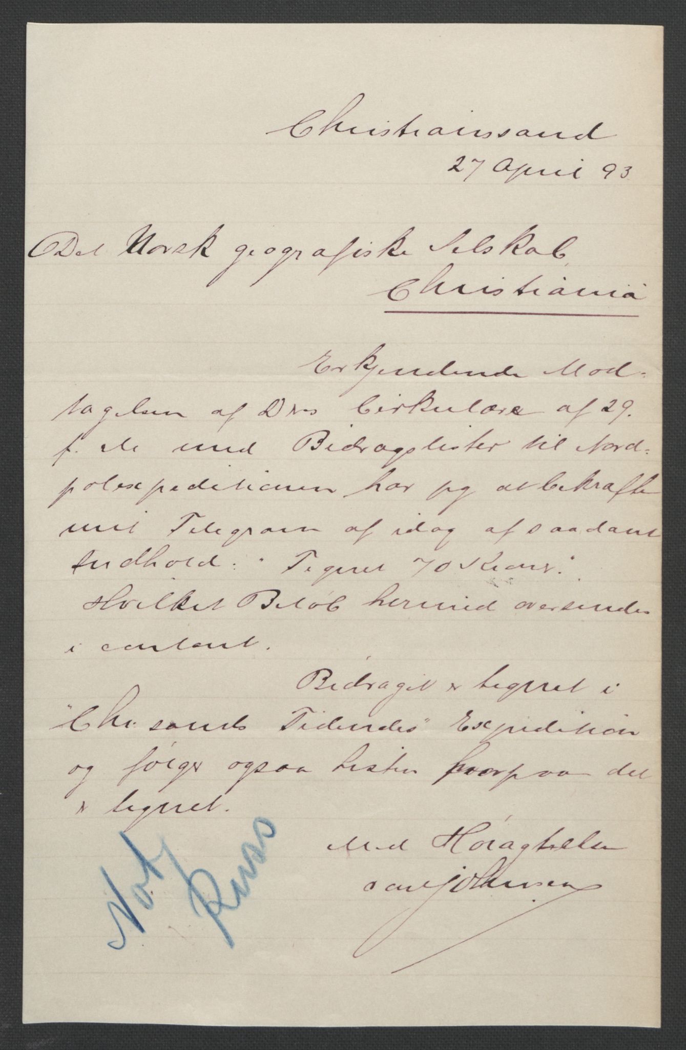 Arbeidskomitéen for Fridtjof Nansens polarekspedisjon, AV/RA-PA-0061/D/L0001/0005: Pengeinnsamlingen / Bidragslister med følgebrev, 1893, p. 12