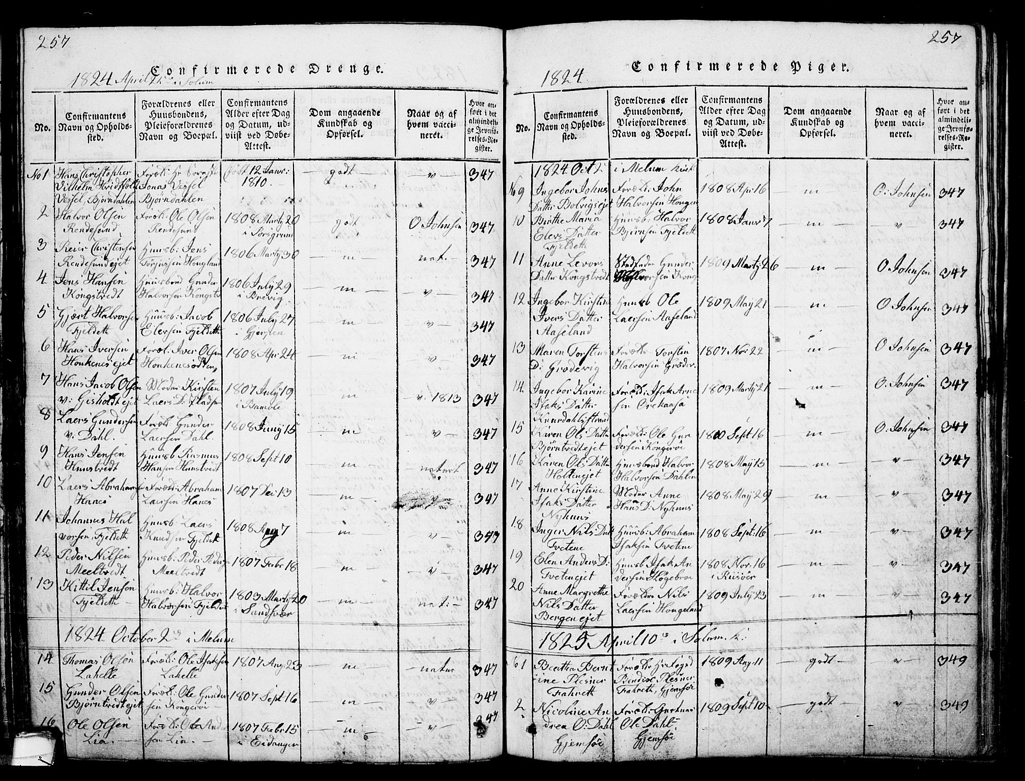 Solum kirkebøker, AV/SAKO-A-306/G/Ga/L0001: Parish register (copy) no. I 1, 1814-1833, p. 257