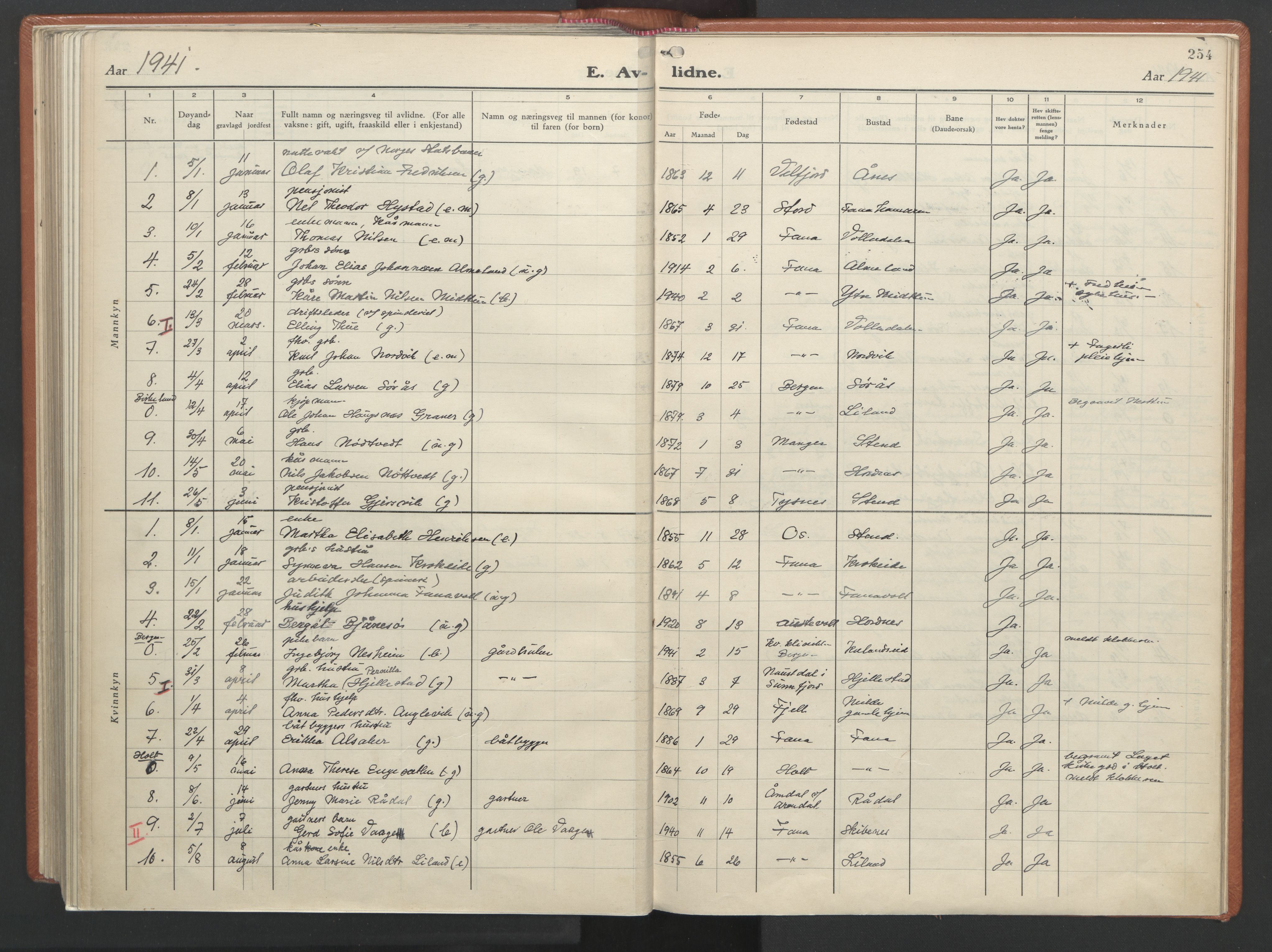 Fana Sokneprestembete, AV/SAB-A-75101/H/Haa/Haab/L0007: Parish register (official) no. B 7, 1934-1947, p. 254