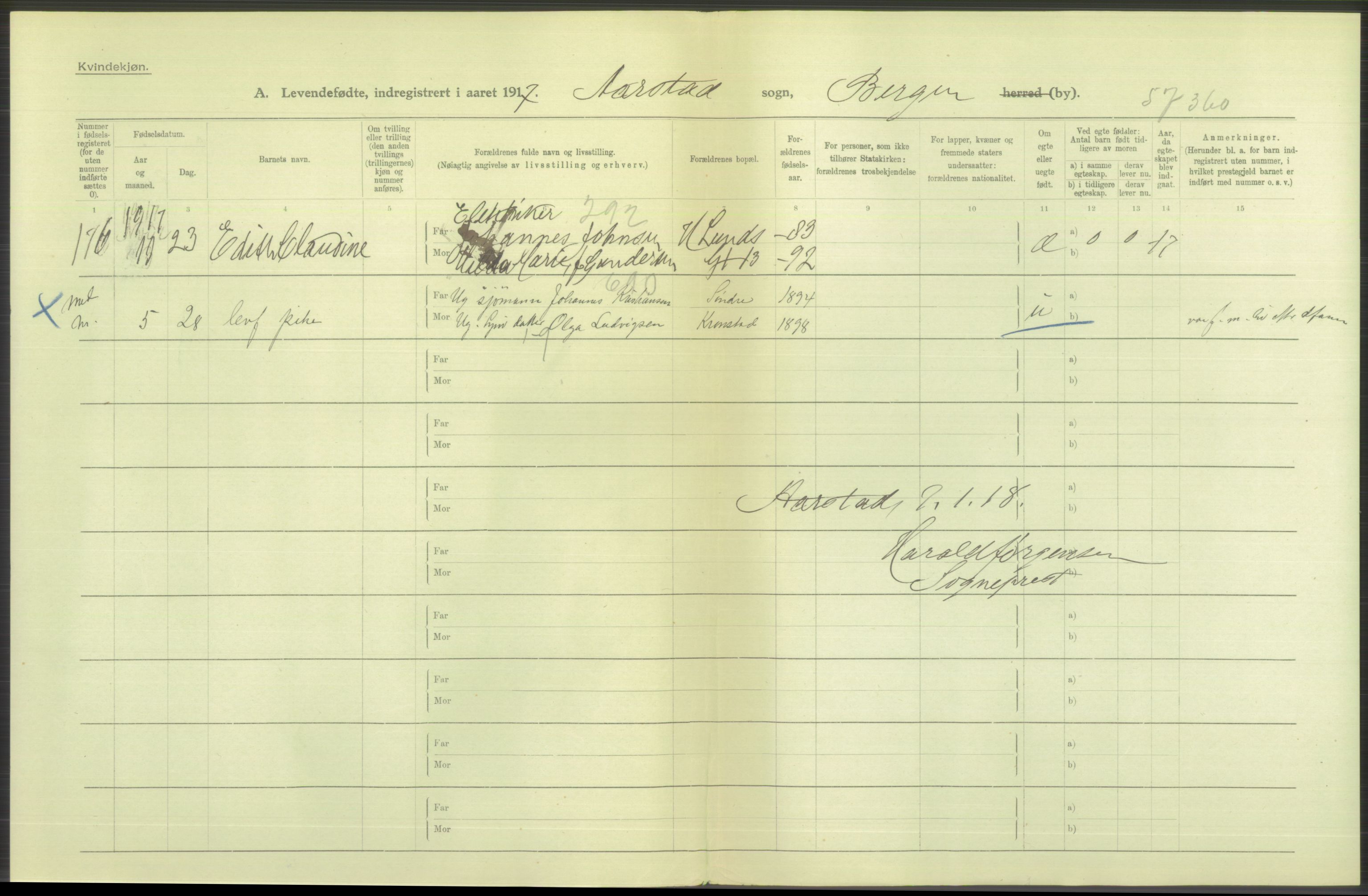 Statistisk sentralbyrå, Sosiodemografiske emner, Befolkning, RA/S-2228/D/Df/Dfb/Dfbg/L0037: Bergen: Levendefødte menn og kvinner., 1917, p. 524