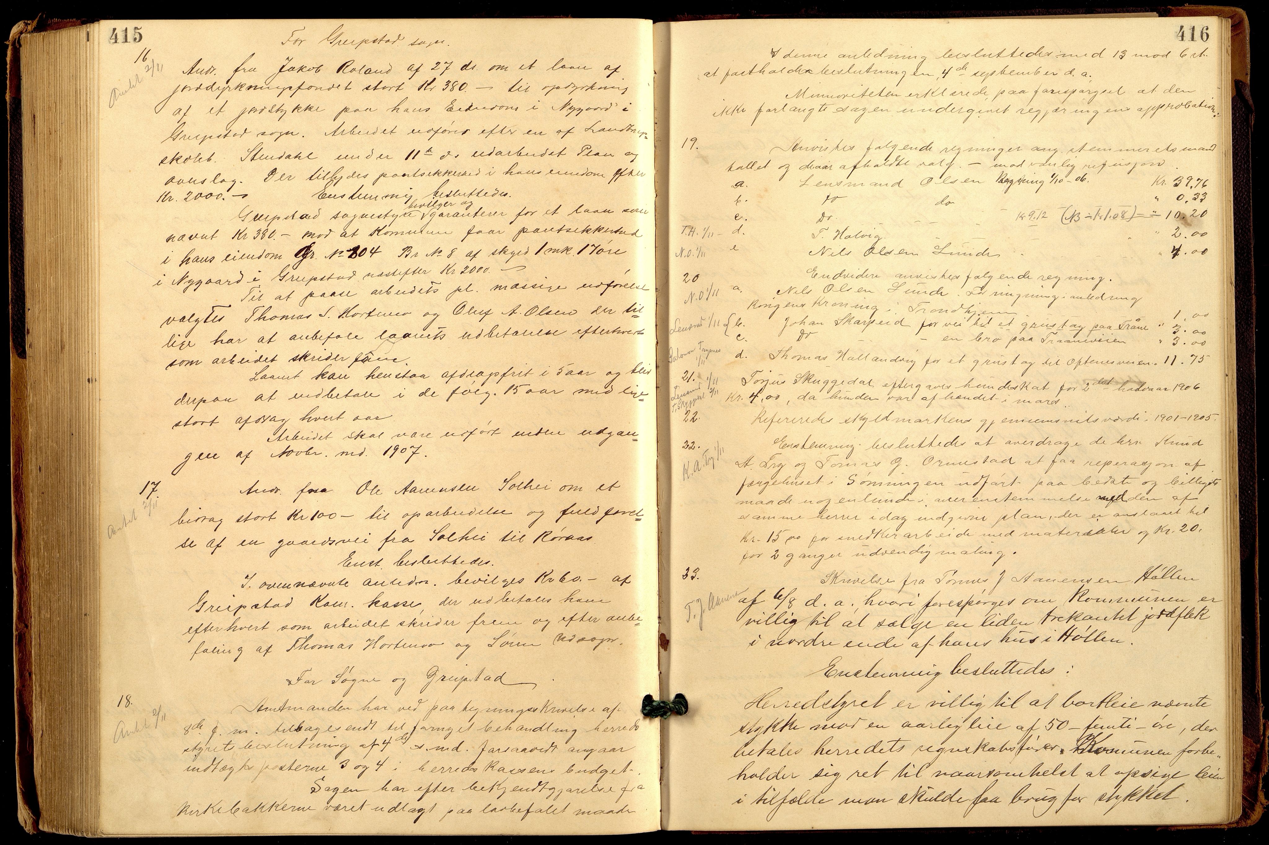 Søgne og Greipstad kommune - Formannskapet, ARKSOR/1018SG120/A/L0006: Møtebok (d), 1901-1909, p. 415-416