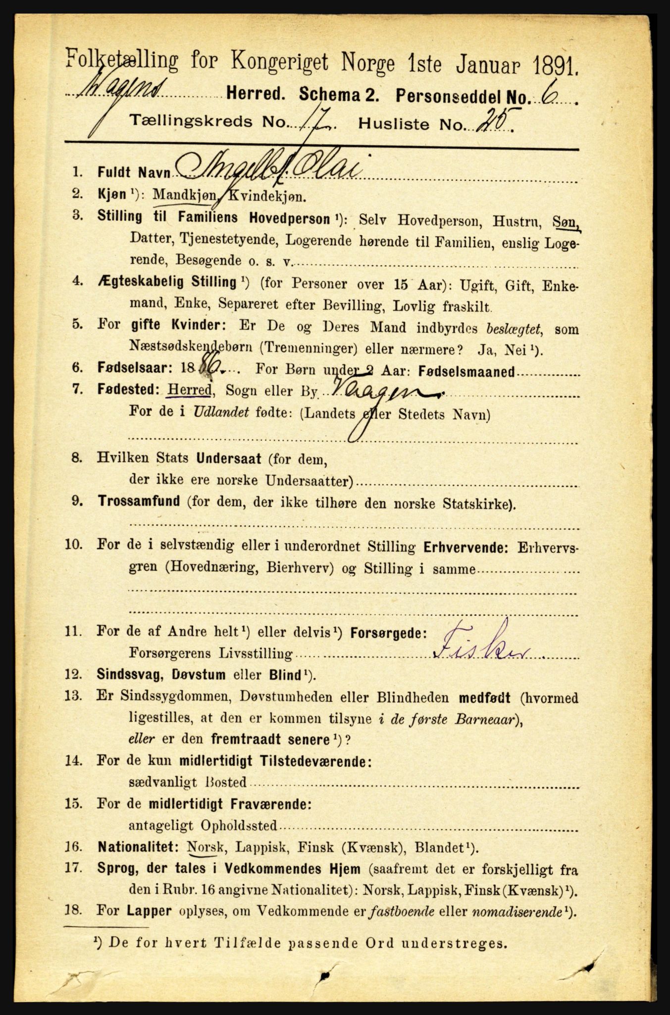 RA, 1891 census for 1865 Vågan, 1891, p. 5069