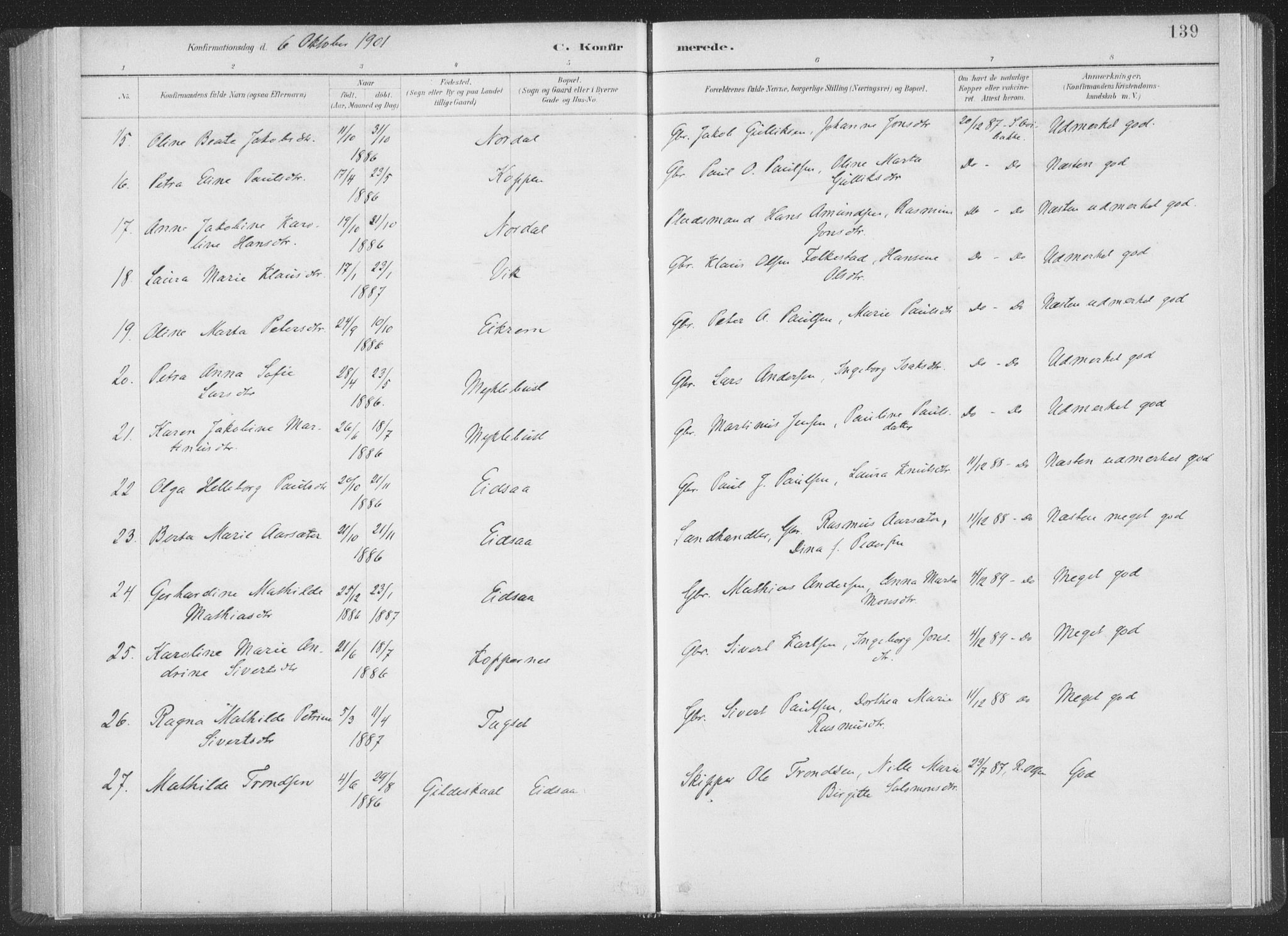 Ministerialprotokoller, klokkerbøker og fødselsregistre - Møre og Romsdal, AV/SAT-A-1454/502/L0025: Parish register (official) no. 502A03, 1885-1909, p. 139