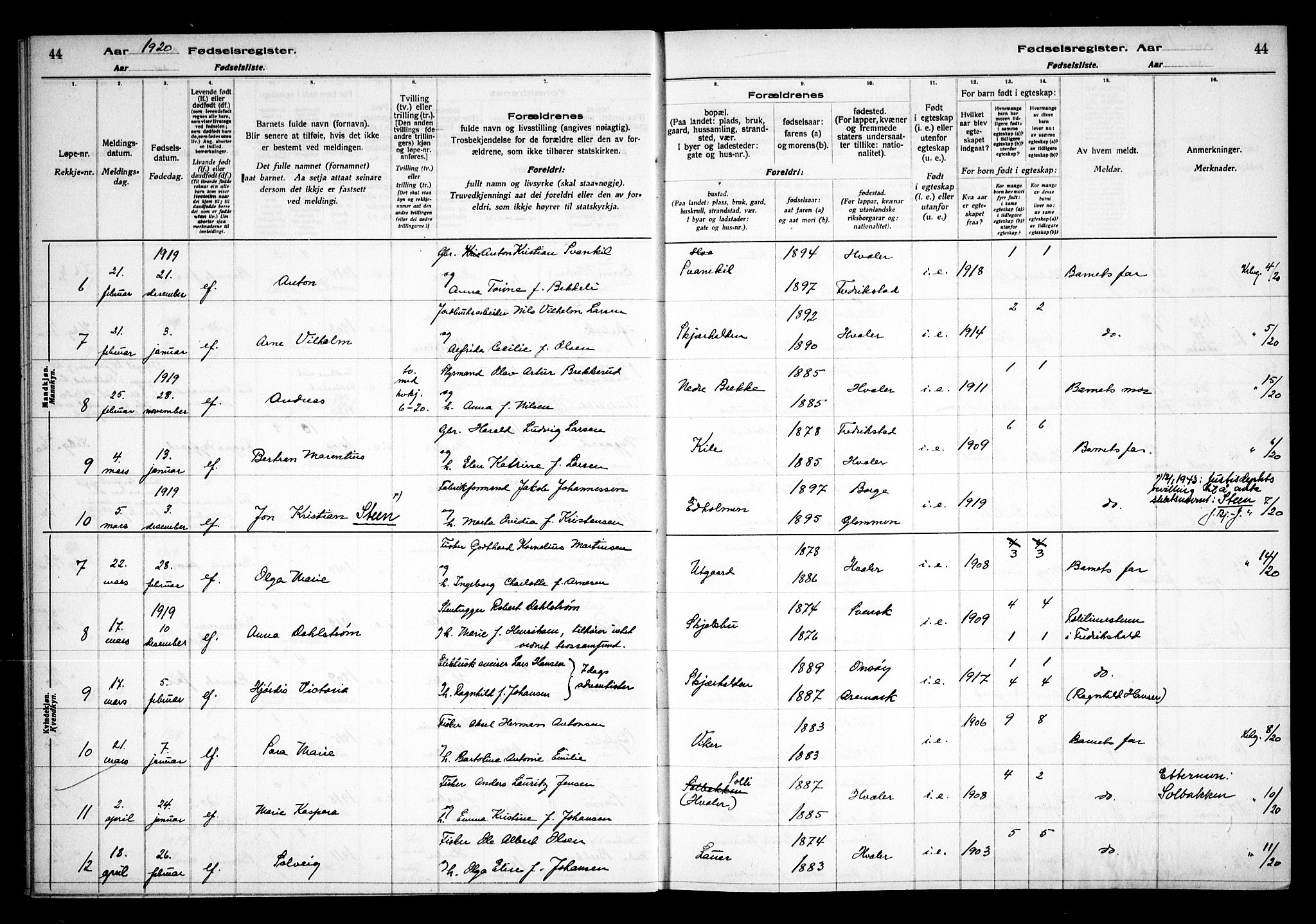 Hvaler prestekontor Kirkebøker, AV/SAO-A-2001/J/Ja/L0001: Birth register no. I 1, 1916-1938, p. 44