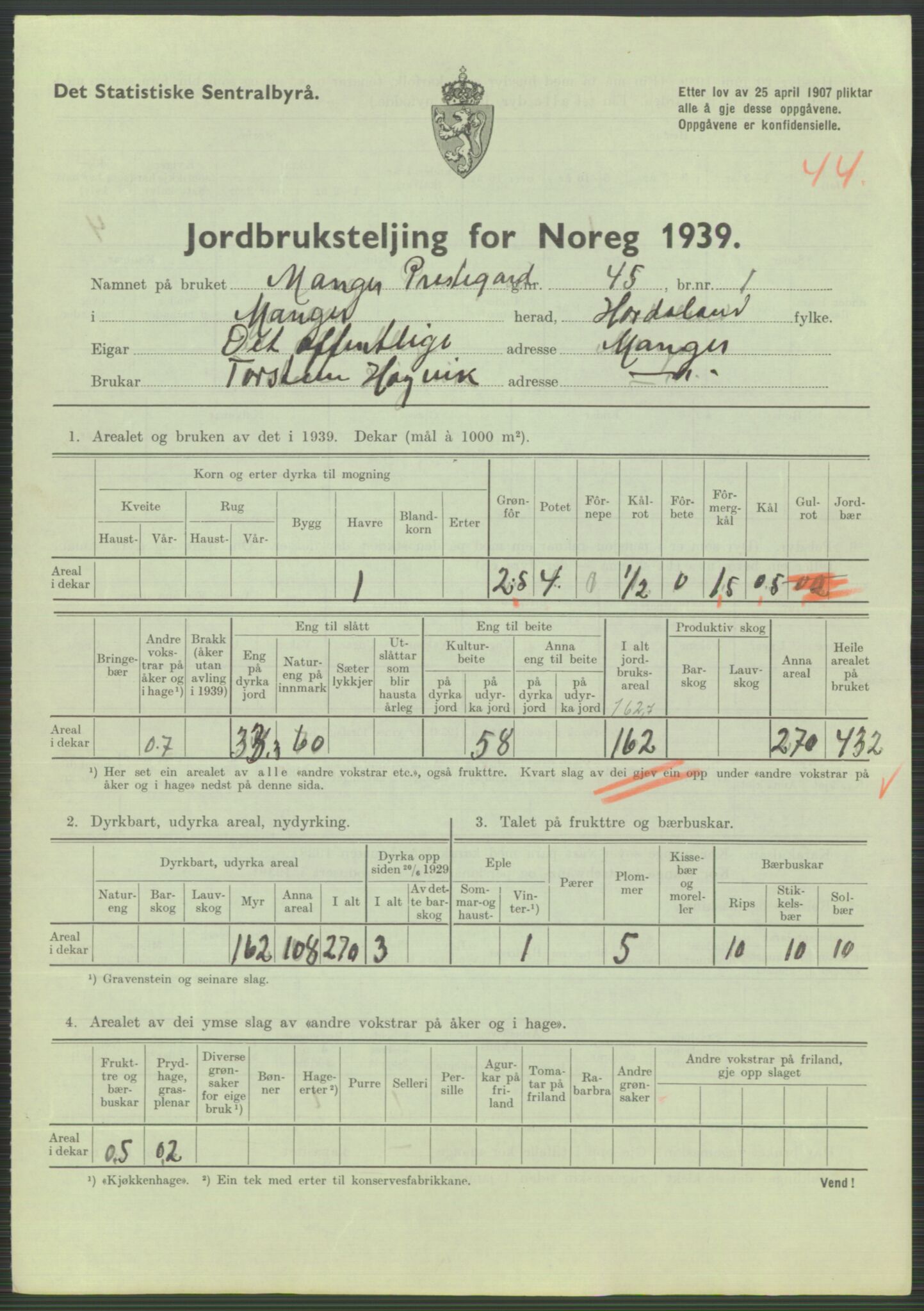 Statistisk sentralbyrå, Næringsøkonomiske emner, Jordbruk, skogbruk, jakt, fiske og fangst, AV/RA-S-2234/G/Gb/L0211: Hordaland: Herdla, Hjelme og Manger, 1939, p. 1857