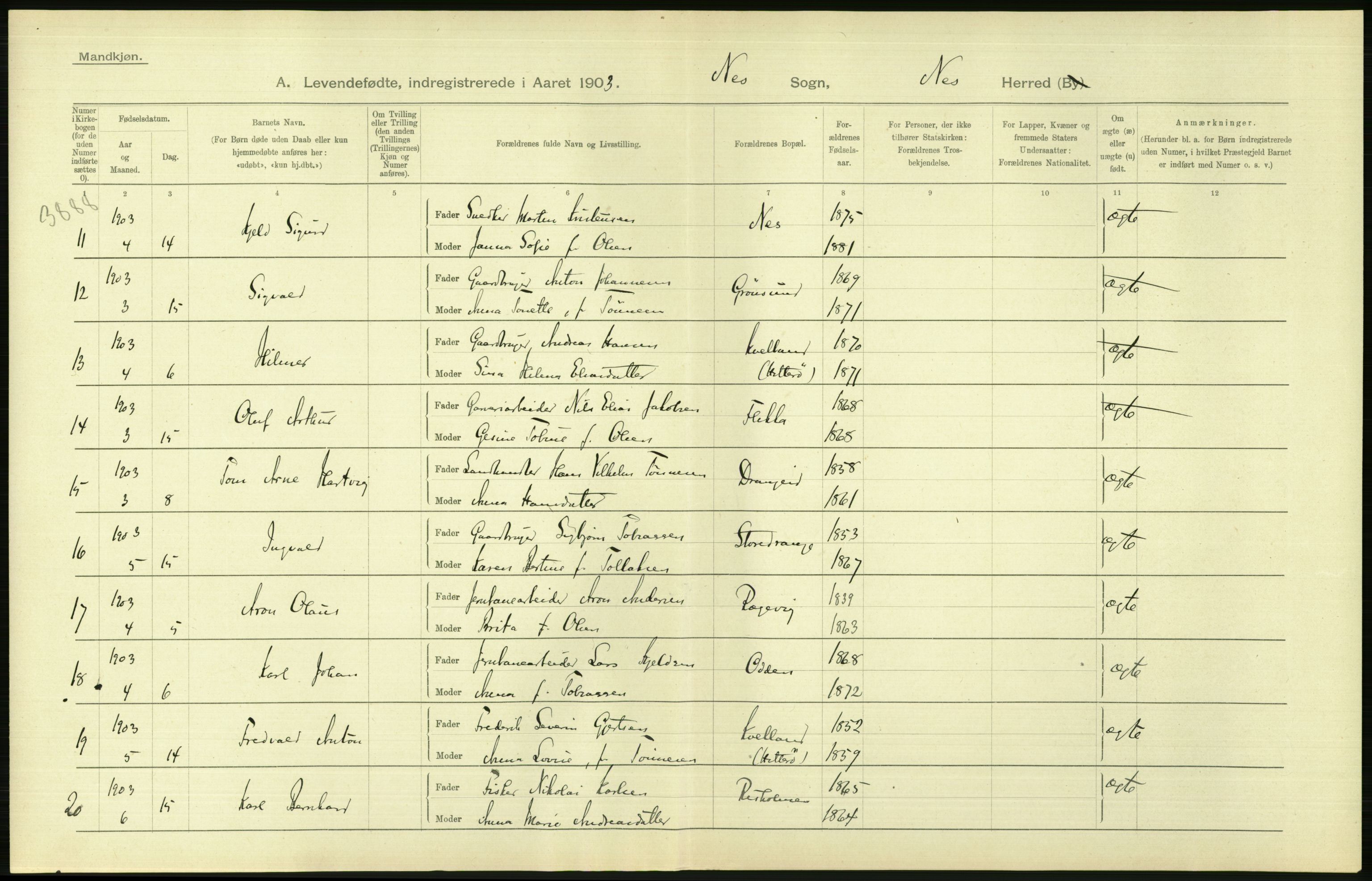 Statistisk sentralbyrå, Sosiodemografiske emner, Befolkning, AV/RA-S-2228/D/Df/Dfa/Dfaa/L0011: Lister og Mandal amt: Fødte, gifte, døde, 1903, p. 26