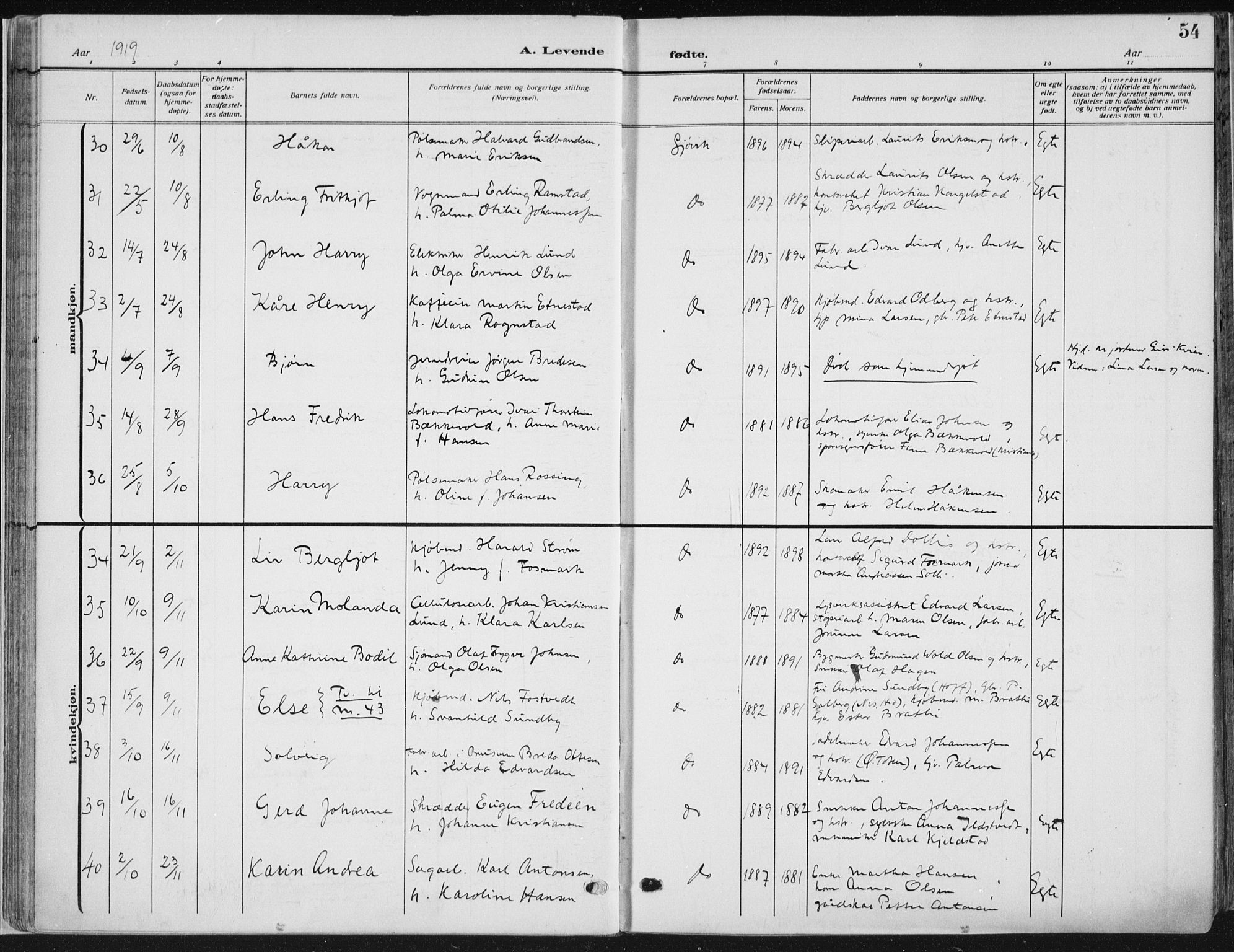 Vardal prestekontor, AV/SAH-PREST-100/H/Ha/Haa/L0014: Parish register (official) no. 14, 1912-1922, p. 54