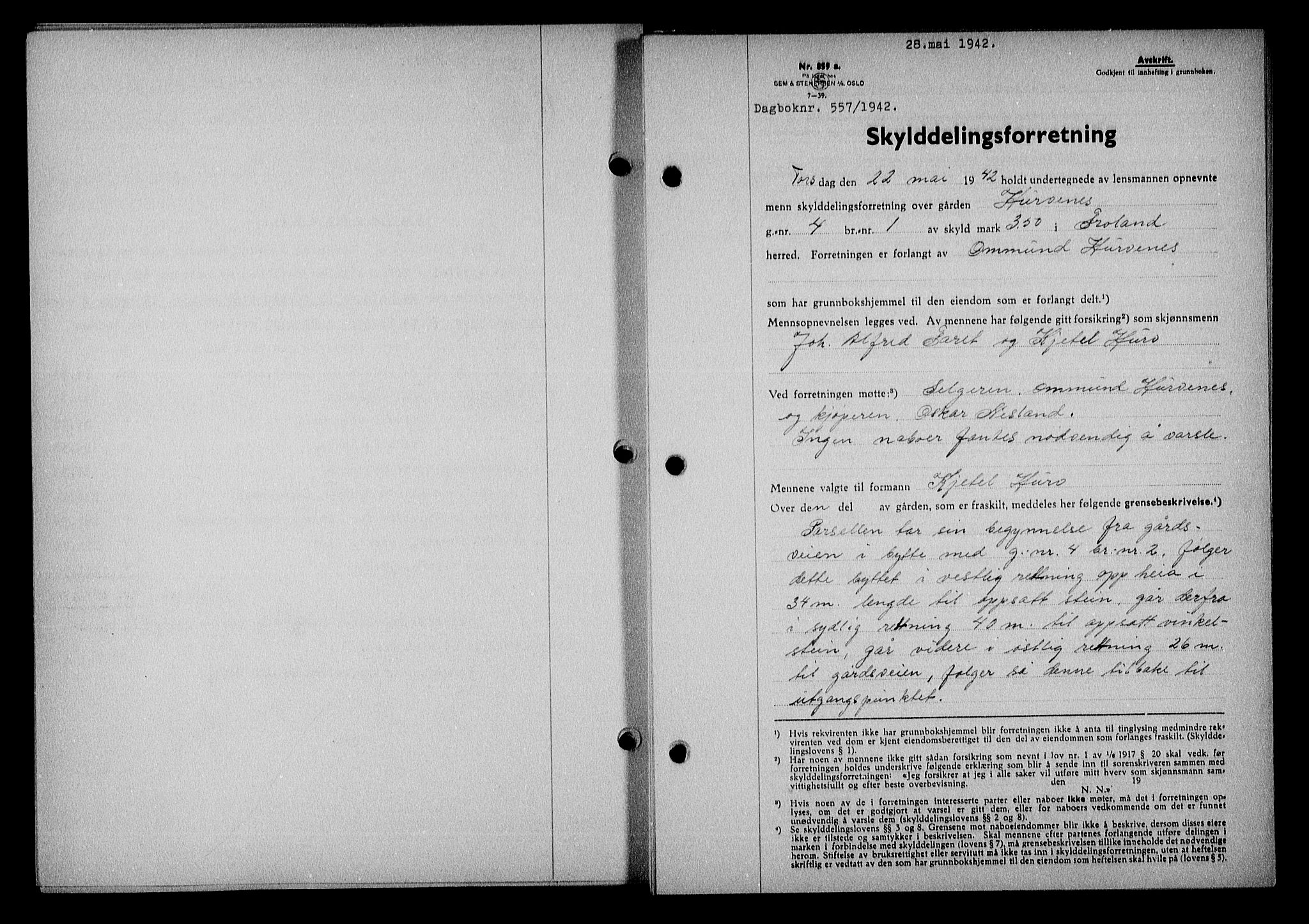 Nedenes sorenskriveri, SAK/1221-0006/G/Gb/Gba/L0049: Mortgage book no. A-III, 1941-1942, Diary no: : 557/1942