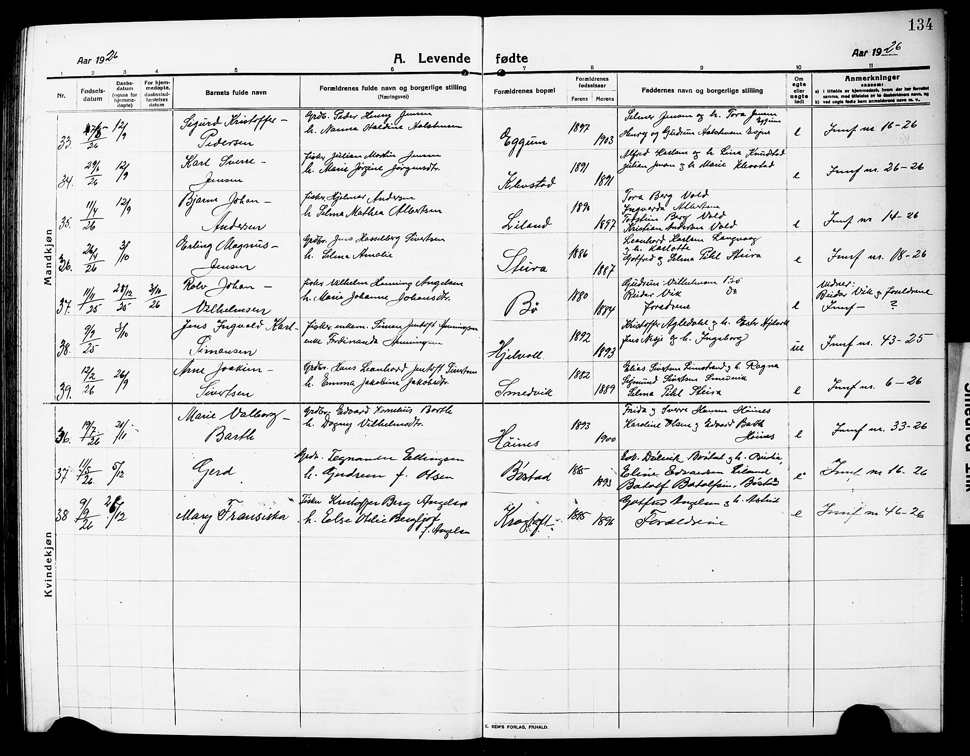 Ministerialprotokoller, klokkerbøker og fødselsregistre - Nordland, SAT/A-1459/880/L1142: Parish register (copy) no. 880C04, 1913-1930, p. 134