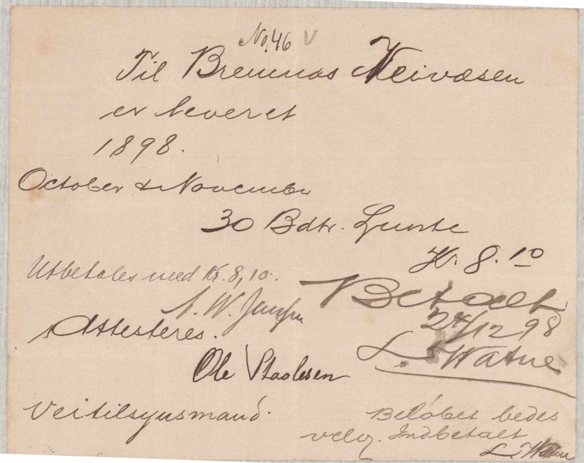 Finnaas kommune. Formannskapet, IKAH/1218a-021/E/Ea/L0002/0001: Rekneskap for veganlegg / Rekneskap for veganlegget Urangsvåg - Mælandsvåg, 1898-1900, p. 60