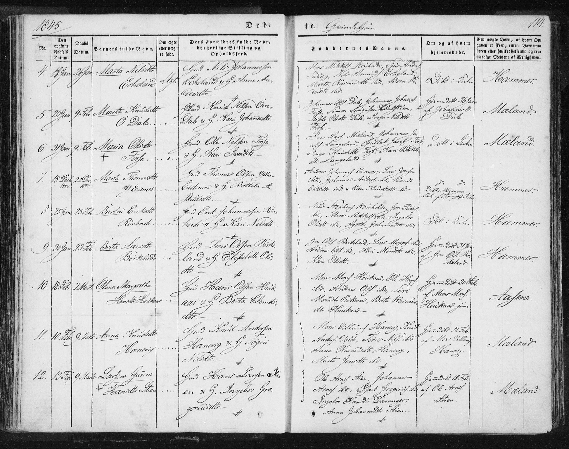 Hamre sokneprestembete, AV/SAB-A-75501/H/Ha/Haa/Haaa/L0012: Parish register (official) no. A 12, 1834-1845, p. 114