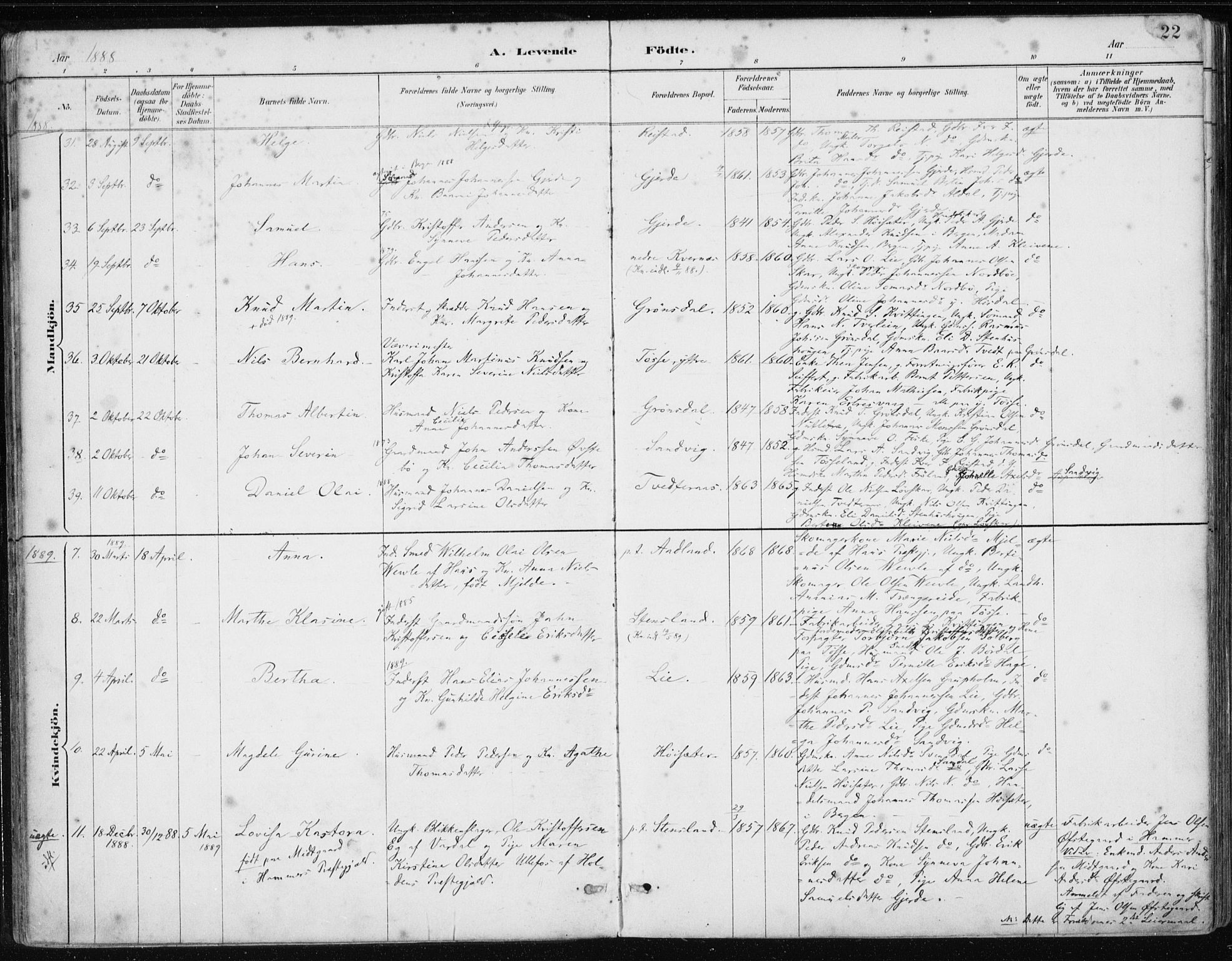 Samnanger Sokneprestembete, AV/SAB-A-77501/H/Haa: Parish register (official) no. A 1, 1885-1901, p. 22