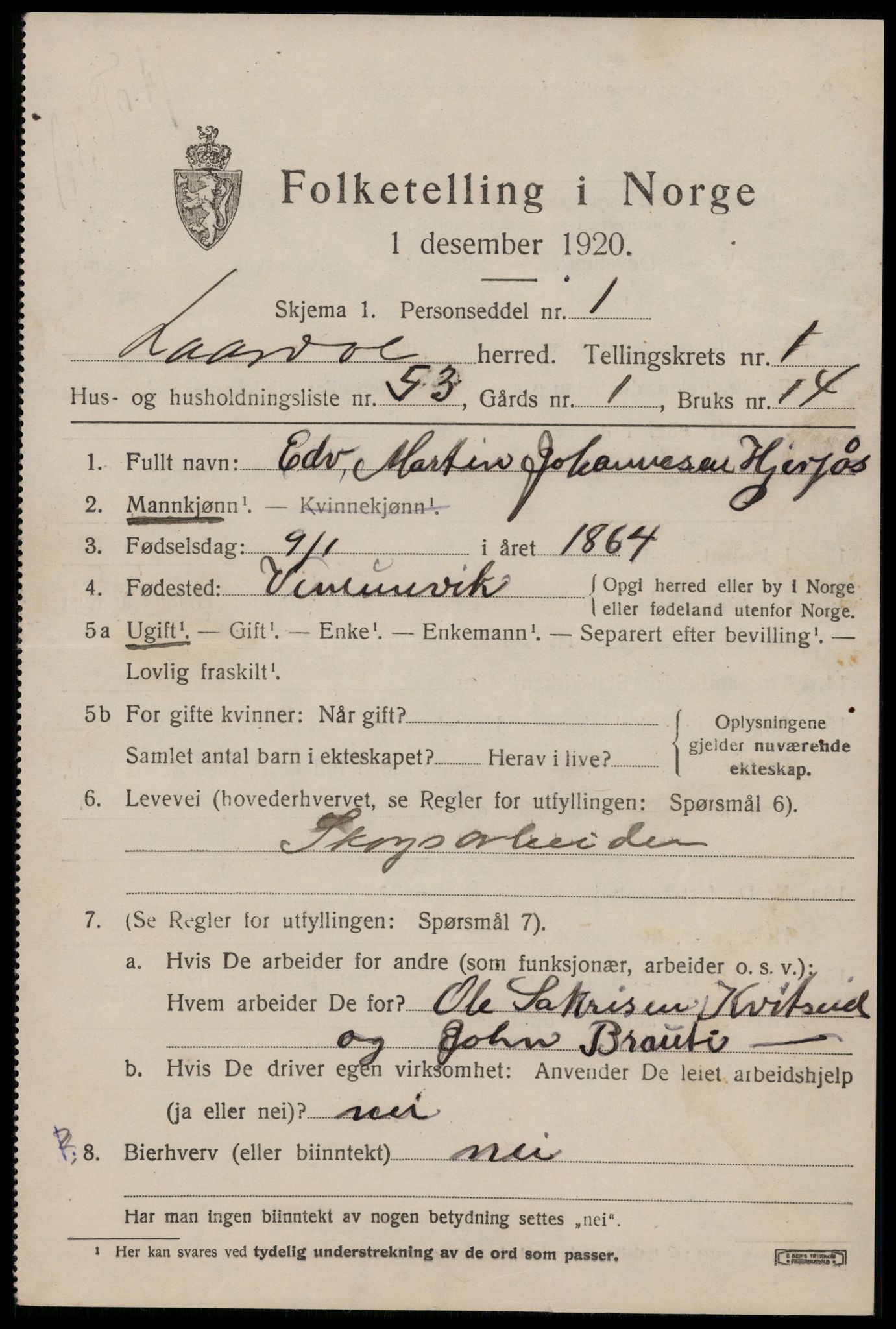 SAKO, 1920 census for Lårdal, 1920, p. 1189