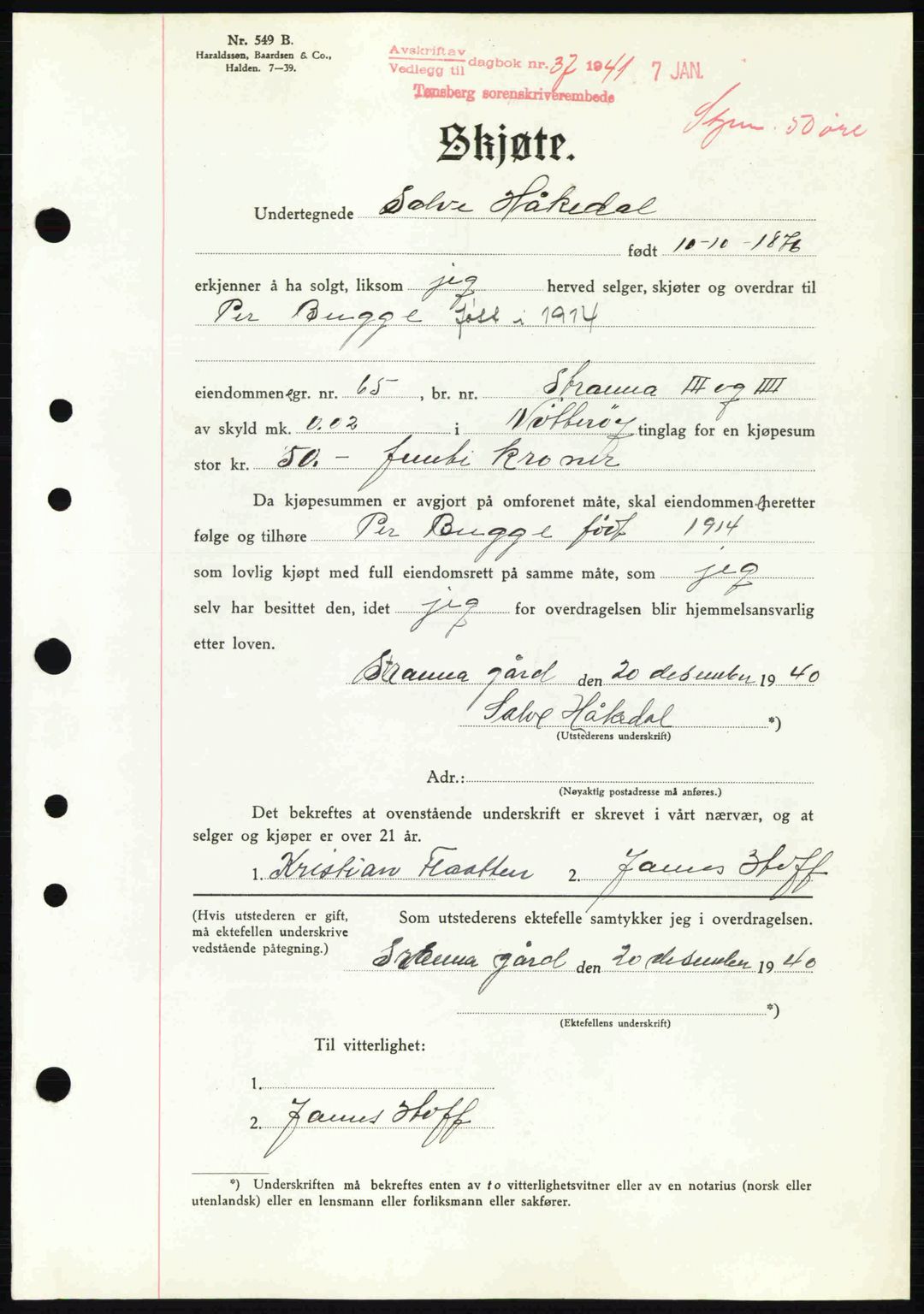 Tønsberg sorenskriveri, AV/SAKO-A-130/G/Ga/Gaa/L0009: Mortgage book no. A9, 1940-1941, Diary no: : 37/1941