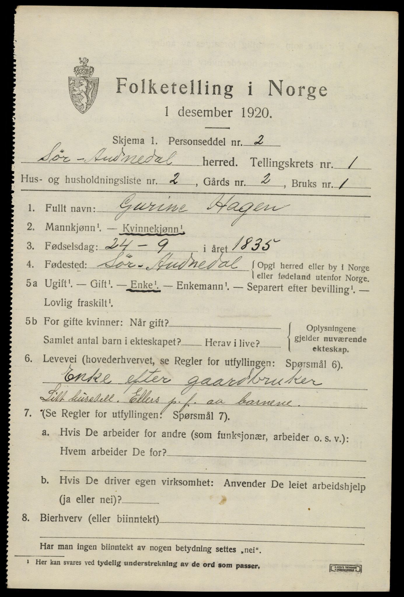 SAK, 1920 census for Sør-Audnedal, 1920, p. 1467