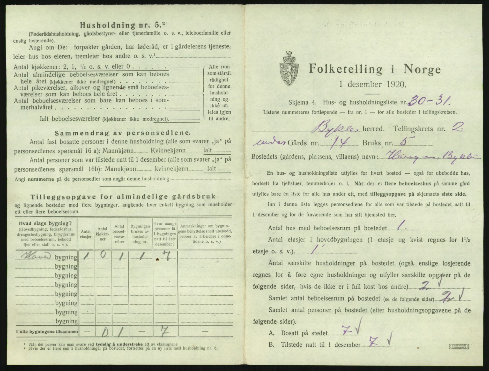 SAK, 1920 census for Bykle, 1920, p. 135