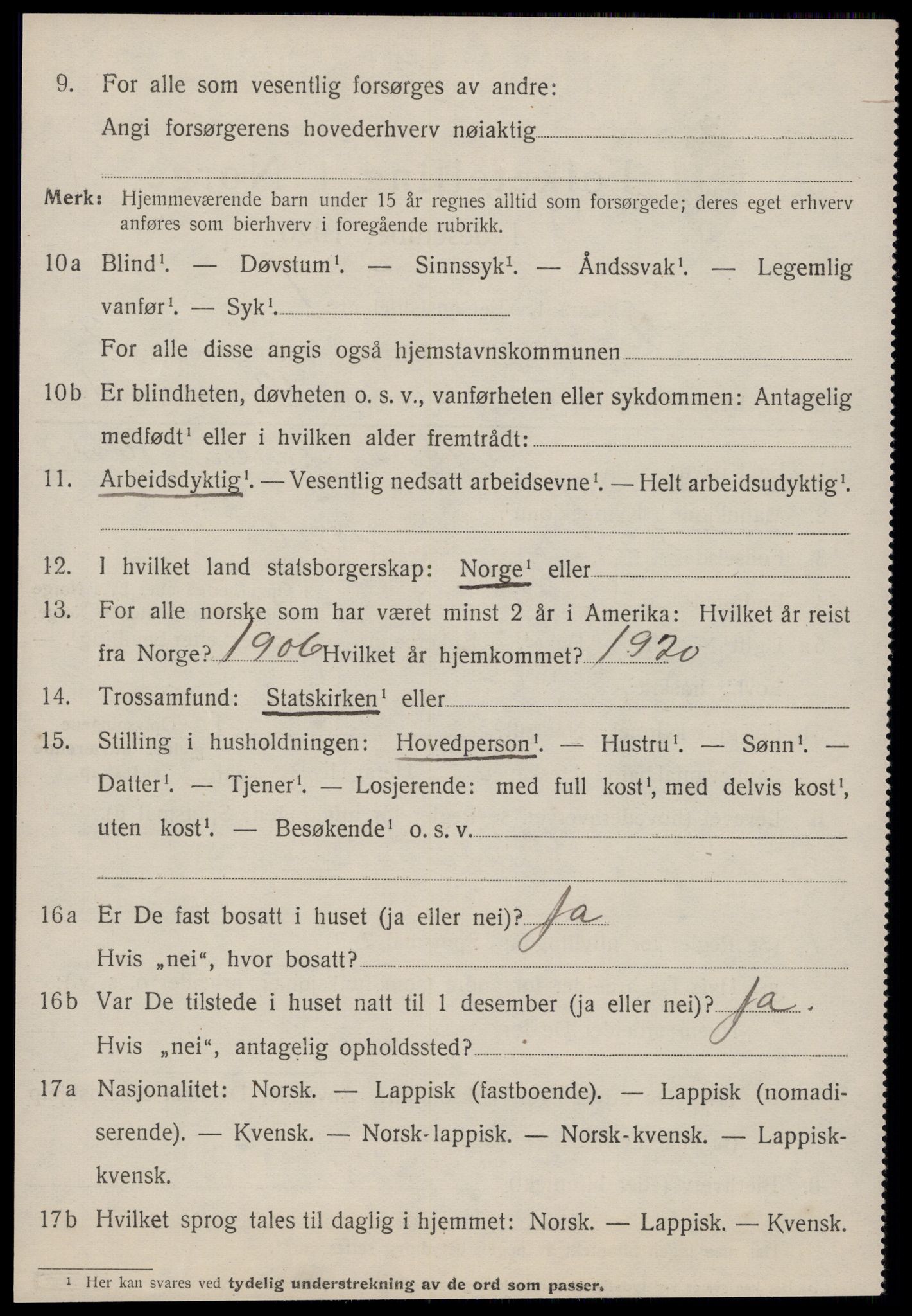 SAT, 1920 census for Agdenes, 1920, p. 1064