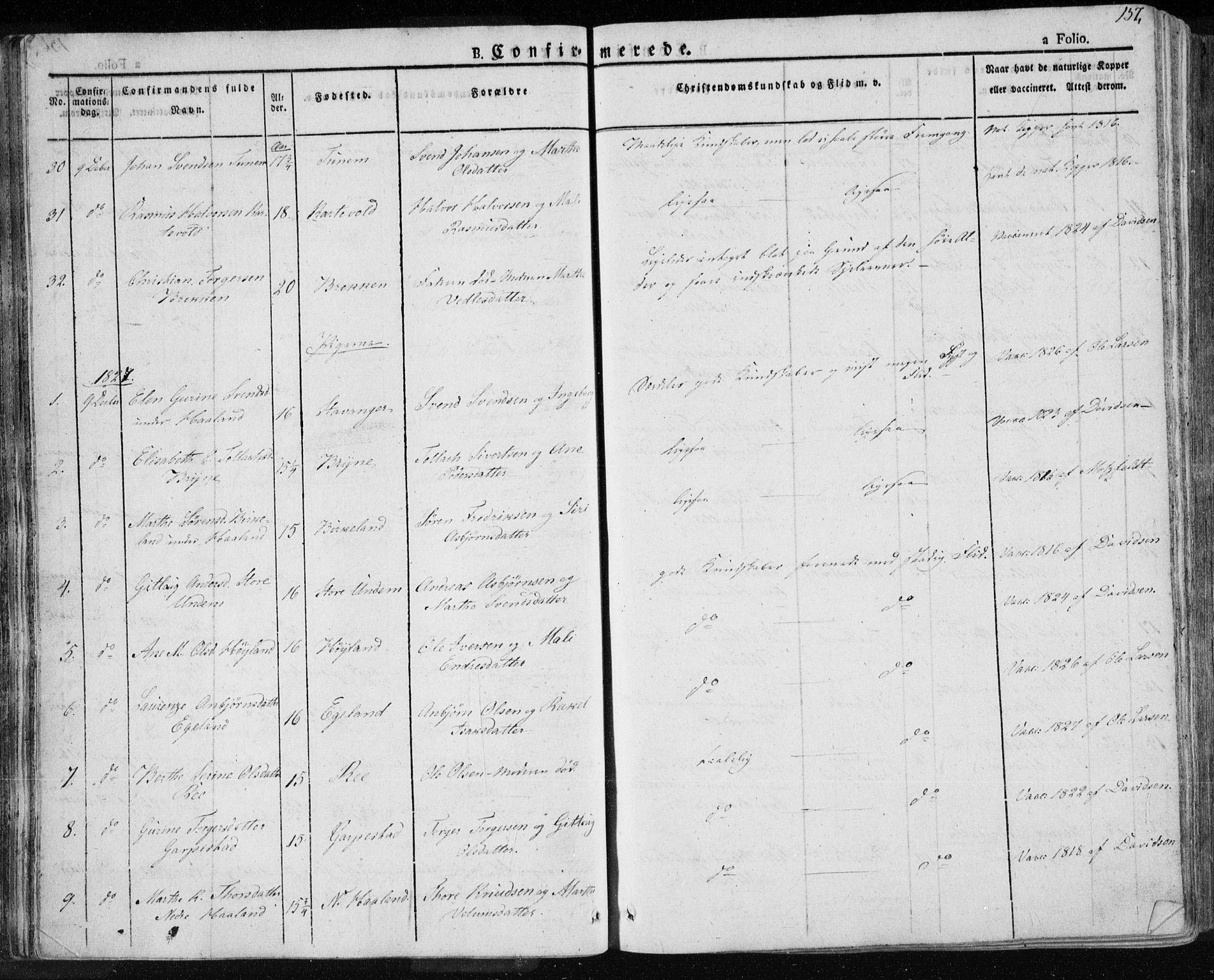 Lye sokneprestkontor, AV/SAST-A-101794/001/30BA/L0004: Parish register (official) no. A 4, 1826-1841, p. 157