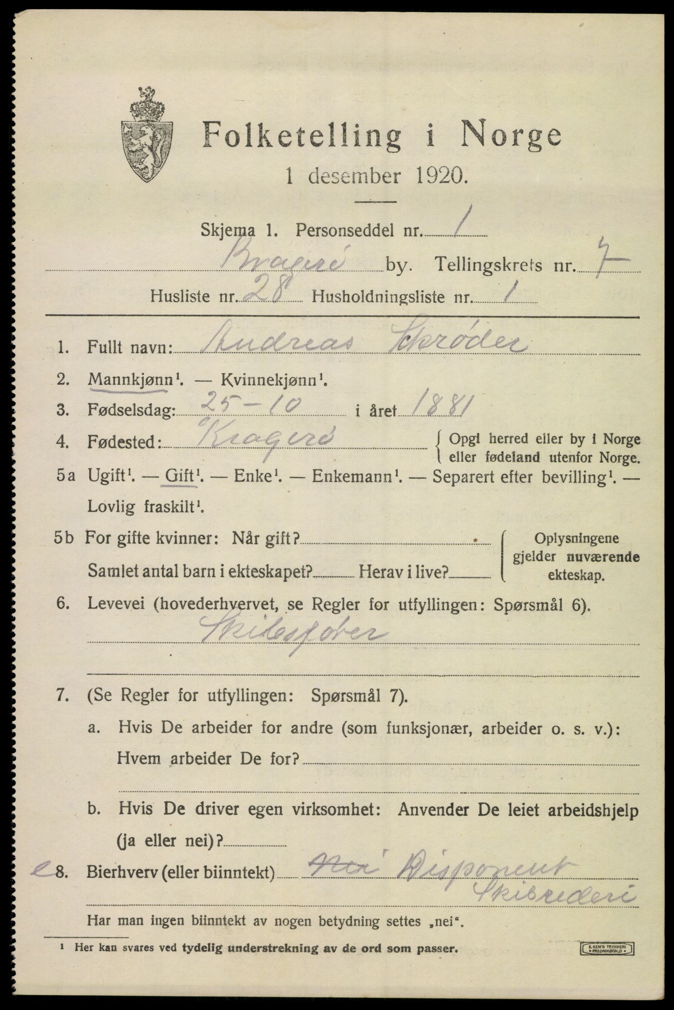 SAKO, 1920 census for Kragerø, 1920, p. 10001