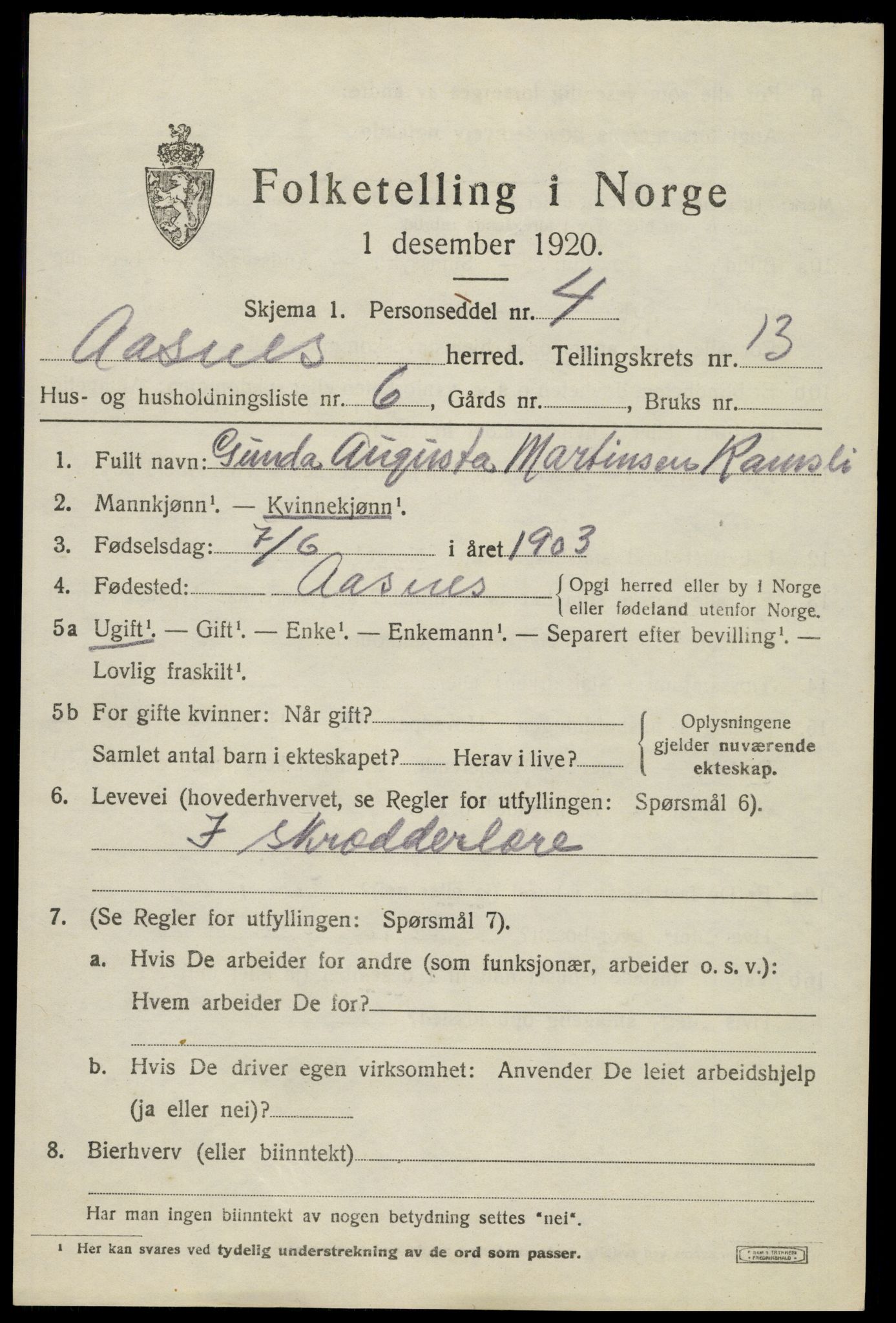 SAH, 1920 census for Åsnes, 1920, p. 12744
